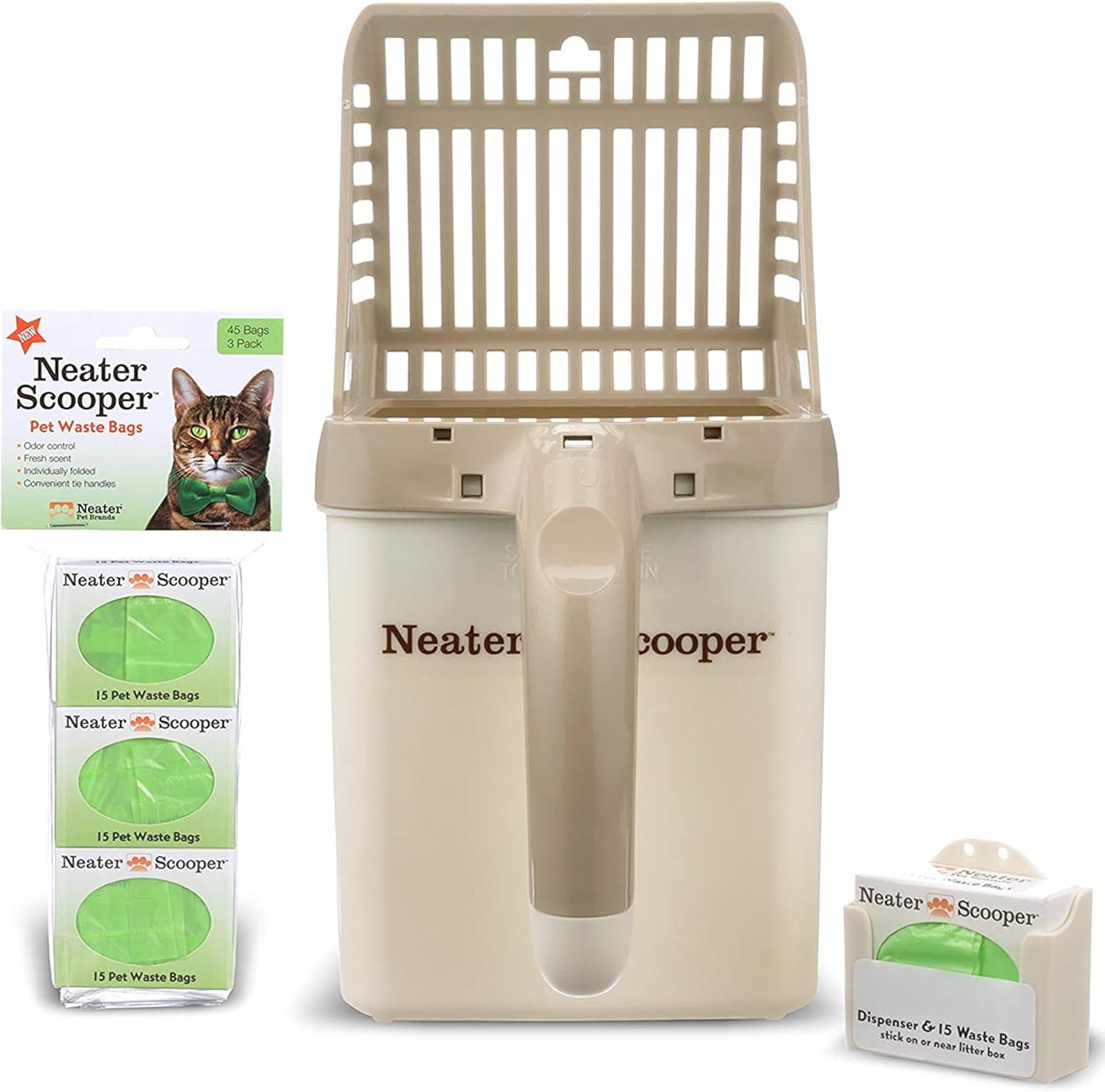 Neater Pet Brands Neater Scooper Standard Cat Litter Scoop, 60 Refill Bags – Mess-Free Cat Litter Scooper with Bag, Spill-Proof Kitty Box Sifter, Bin Doubles as Scoop Holder, For Single-Cat Households