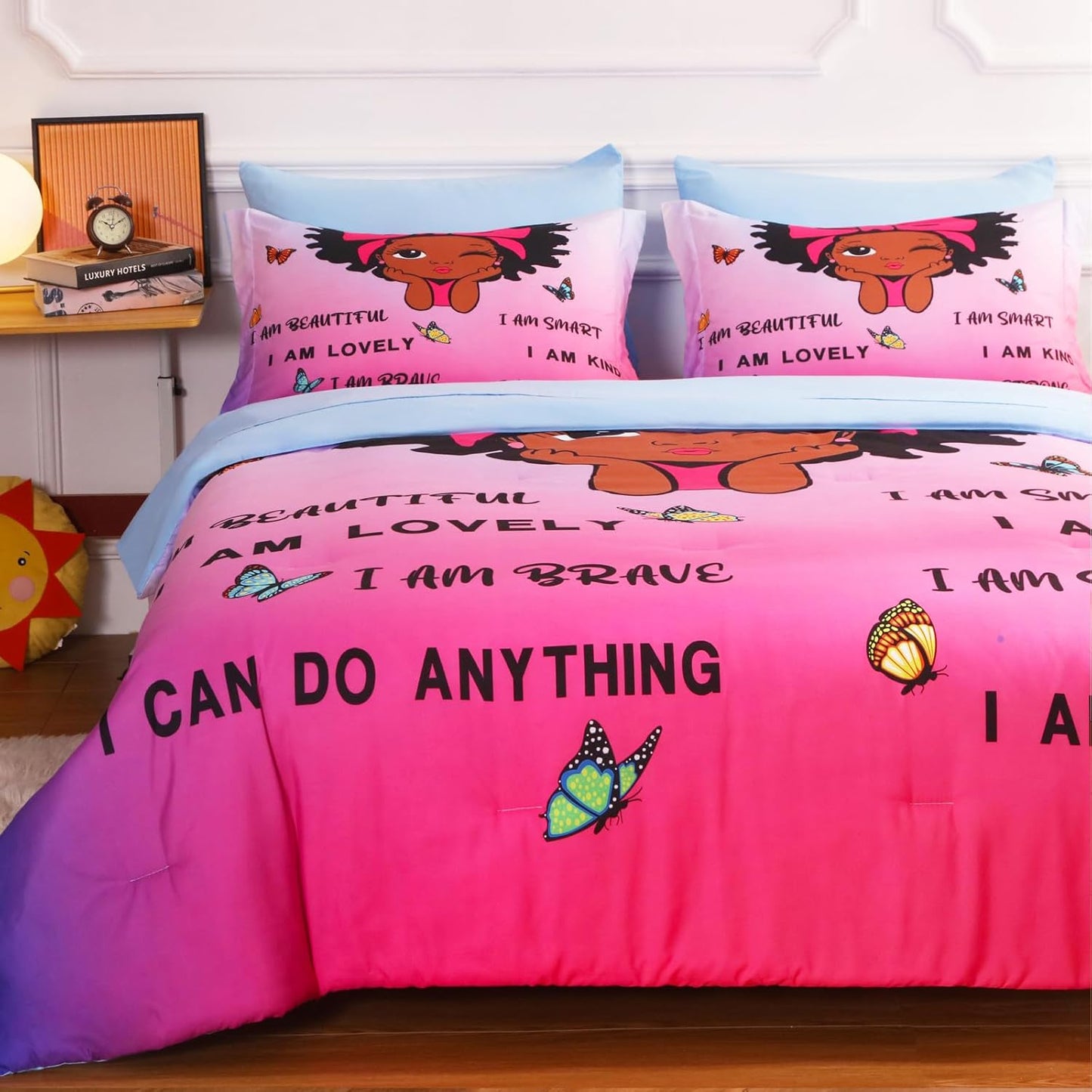 7 Piece Black Girls Magic Comforter Sets Queen Size African American Girl Bedding Set Bed in A Bag for Girls Kids Teens Inspirational Quotes Pink Blue Quilts Room Decor
