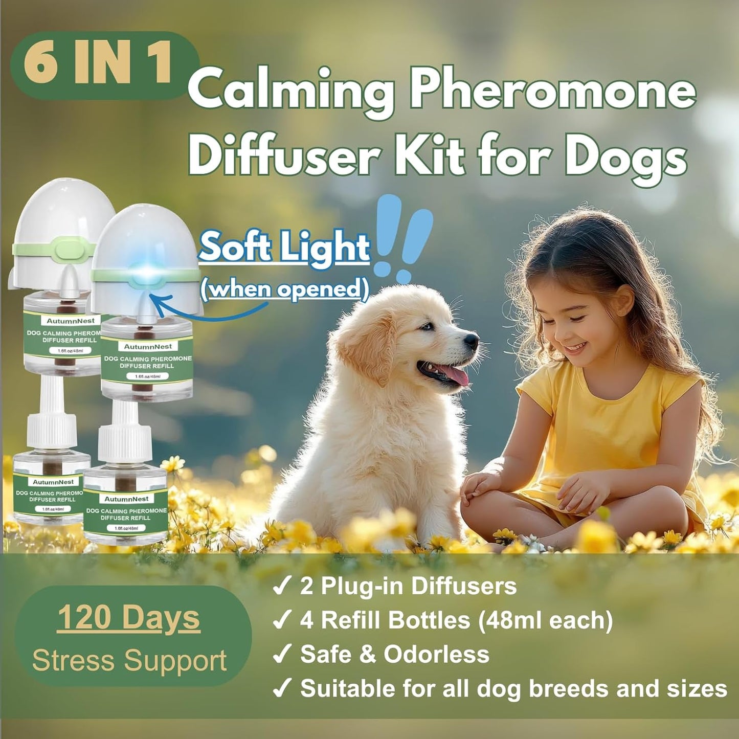 Dog Calming Pheromone Diffuser Kit, Pet Diffuser for Stress Support, Reduces Stress and Promotes Relaxed Behavior, 2 Plug-in & 4 Packs Refill, 120 Day Supply (Non-Toxic, Safe & Inedible), with Light