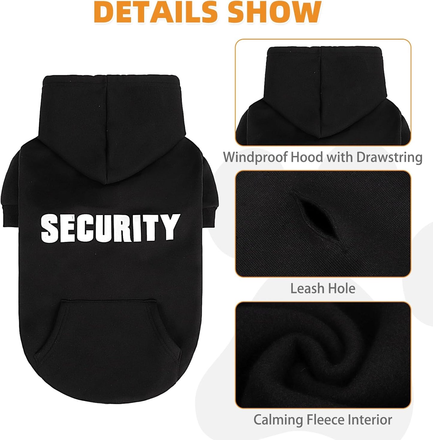 KOOLTAIL Security Dog Hoodie, Fall Puppy Sweater Clothes for Small Medium Large Dogs, Soft Warm Winter Pet Cold Weater Coats Hooded Sweatshirt with Pocket, Dog Halloween Costume for Girl Boy, Black SM