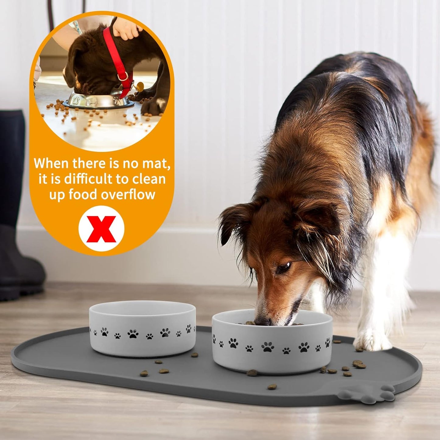 KPWACD Pet Placemat for Dog and Cat, Waterproof Silicone Dogs Feeding Bowl Mat Prevent Food and Water Overflow, High-Lips Puppy Dish Mats Suitable for Small Medium Big Pets, Grey, 24" * 16"