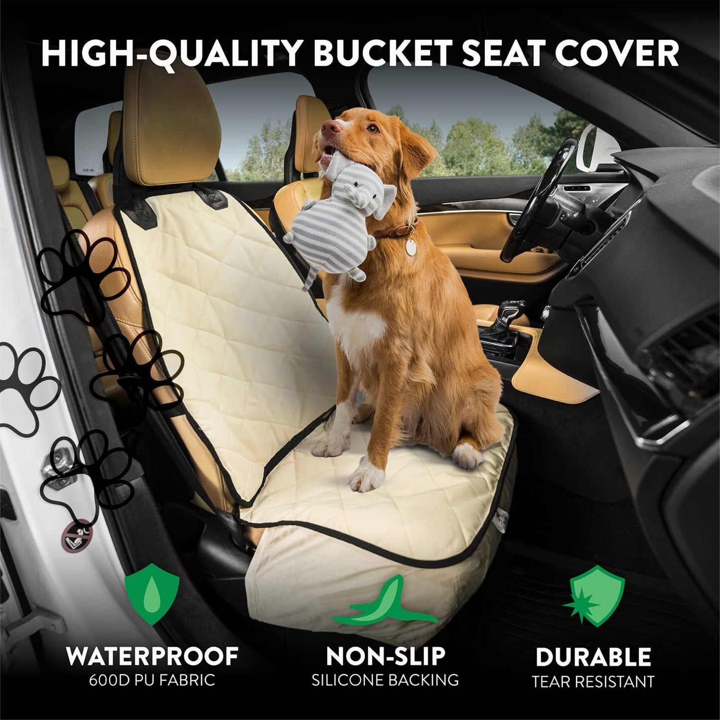 Plush Paws Products Premium Bucket Car Seat Protector | Diamond Stitching | Washable & Waterproof Front Seat Dog Cover Car, Truck, & SUV | Nonslip, Tear Resistant Pet Passenger Seat Cover | Tan