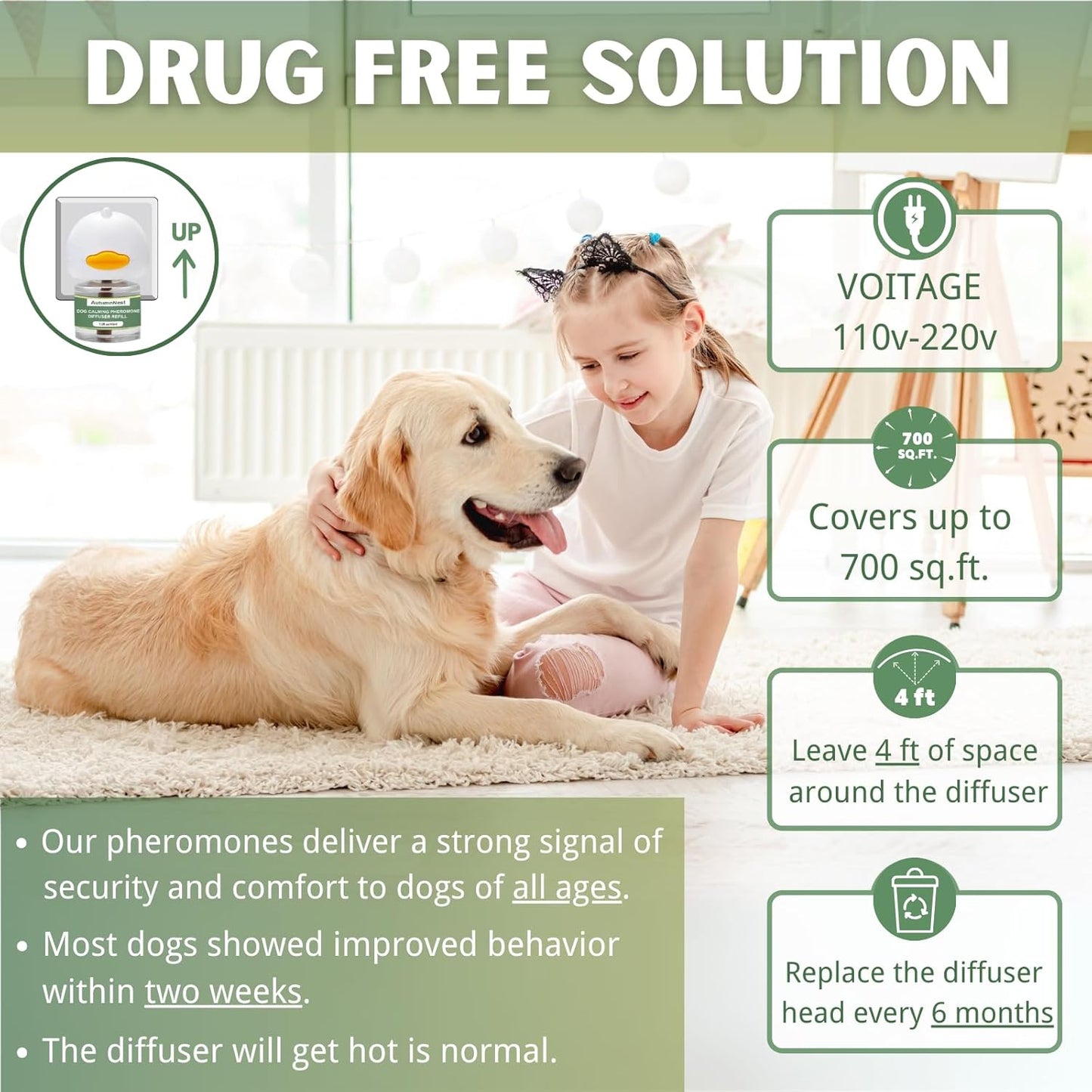 Dog Pheromone Calming Diffuser Kit, Pet Diffuser Kit (2 Plug-in + 4 Packs 48ml Refill) for Stress Support, Helps Reduce Barking & Aggression, 120 Day Supply (Non-Toxic, Safe & Inedible)