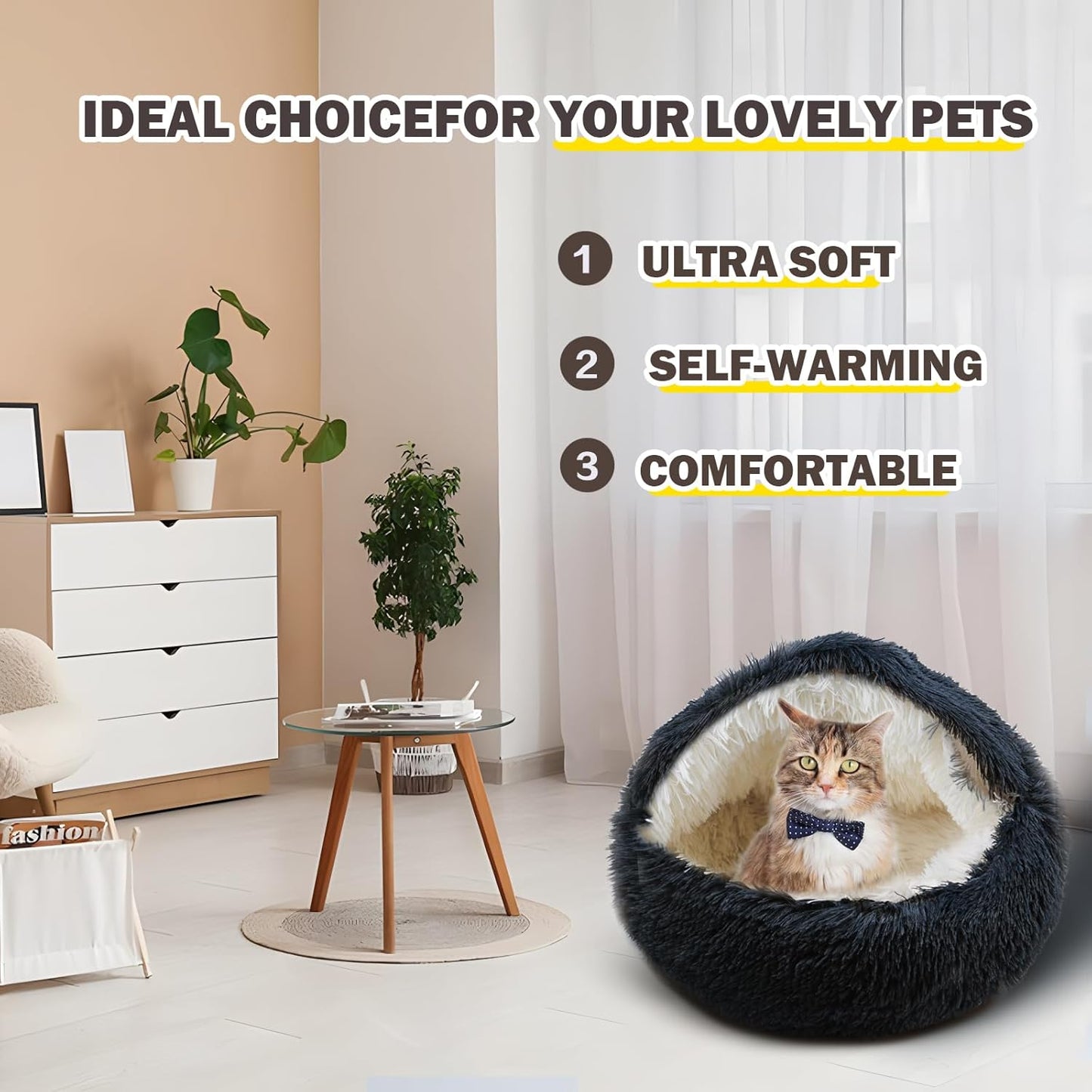 Cat Bed for Indoor Cats, Calming Cozy Cave with Self-Warming Plush, Entire Bed Machine Washable & Anti-Slip Base, Breathable Pet Bed for Small Cats&Dogs All Seasons (Dark Gray, 20 * 20inch)