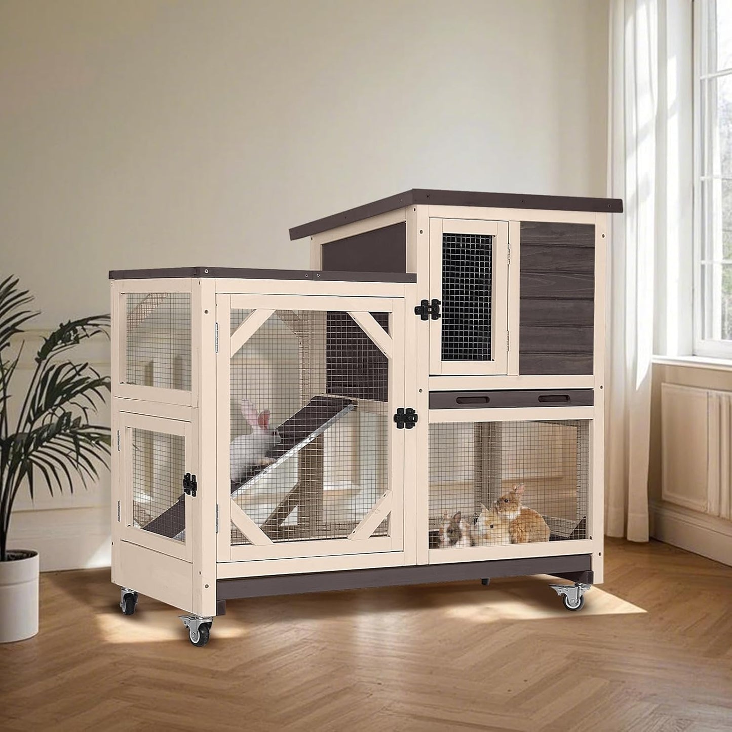 Rabbit Hutch Indoor for 2-4 Rabbits & Guinea Pigs，Bunny Cage with Slide-Out Plastic Trays，Wooden Small Animal Cage for Rabbits, Bunnies, and Guinea Pigs (Dark Brown)