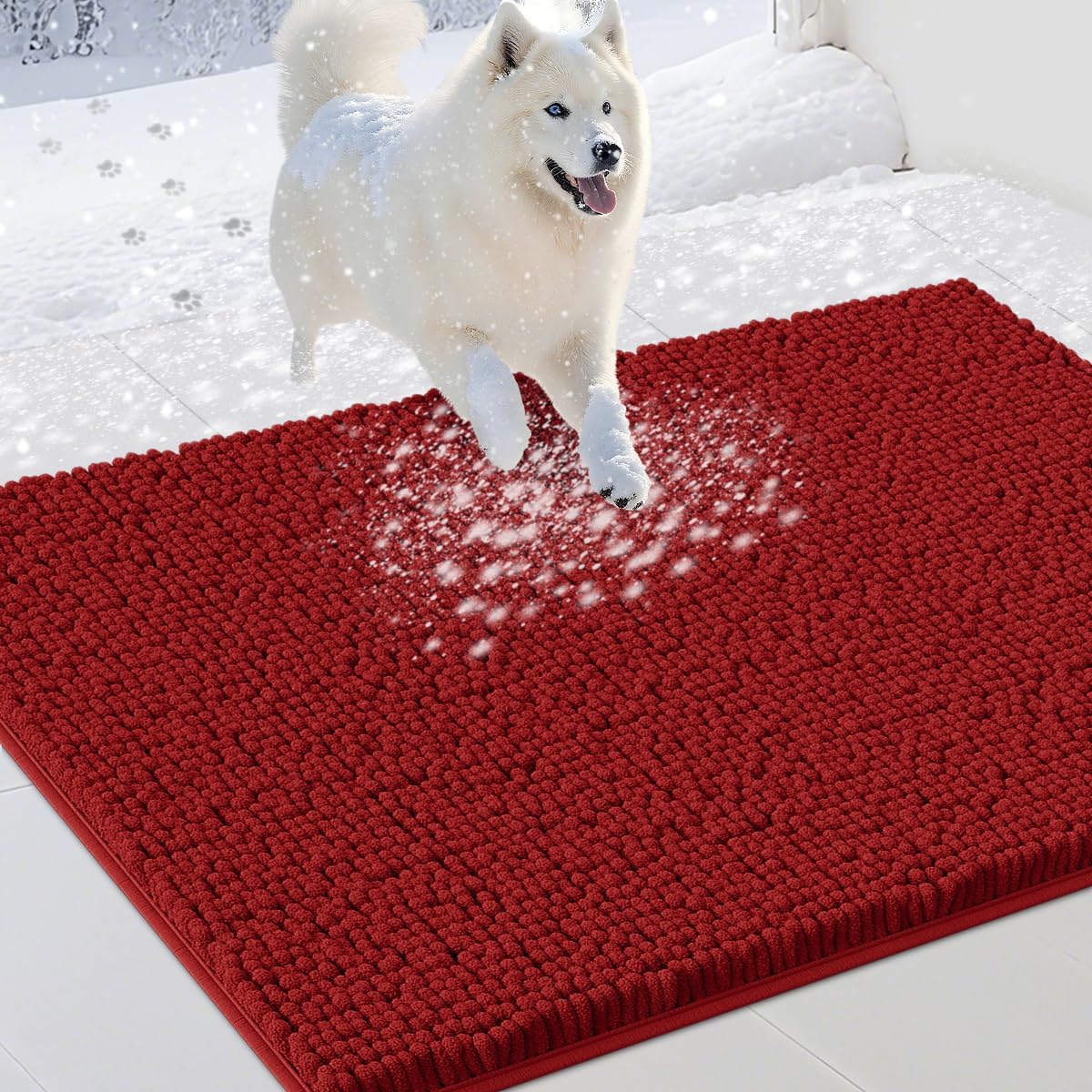 Dog Door Mats for Muddy Paws, Chenille Absorbent Door Mats, Non Slip Heavy Mud Mat for Dogs, Soft Indoor Door Mat for Entryway, Mud Paws, Inside Floor,36" X 24", Red
