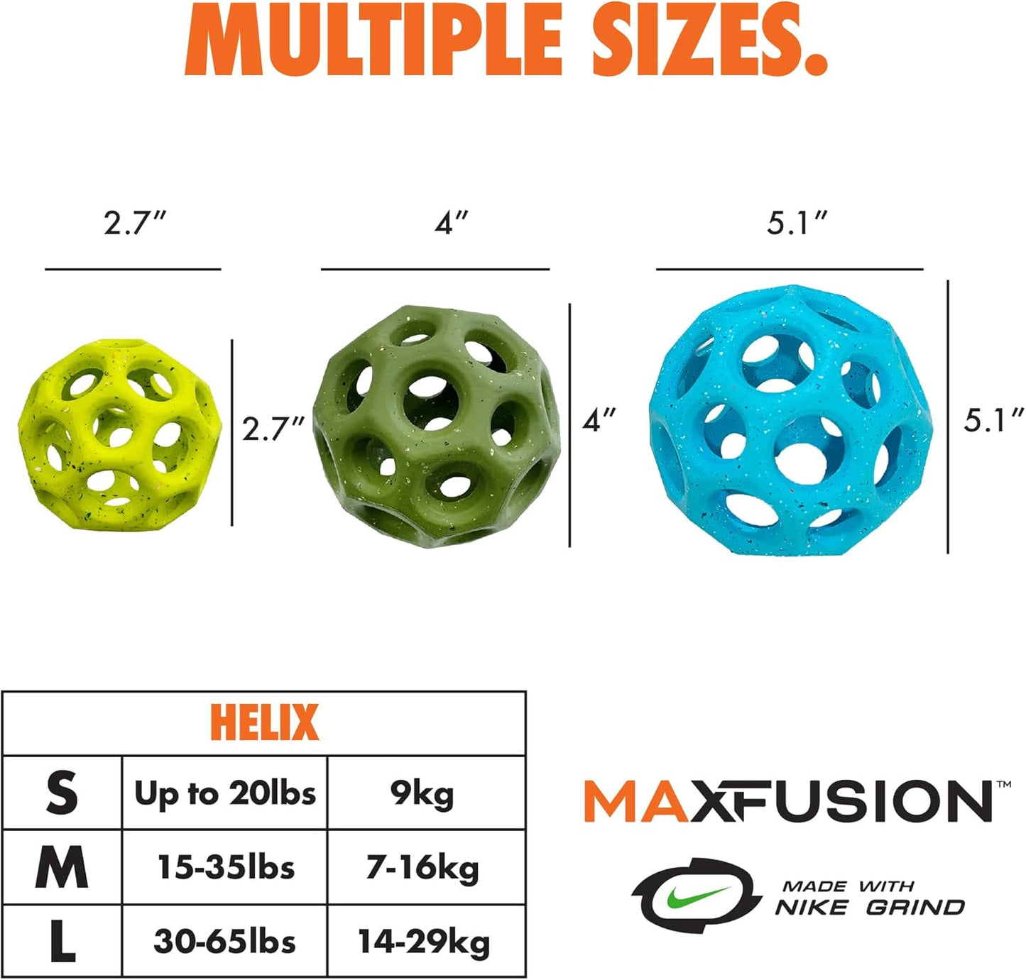 Max Fusion with Nike Grind, Arlee Helix Dog Toy, Chew Toy for Play, Fetch, Tug, M