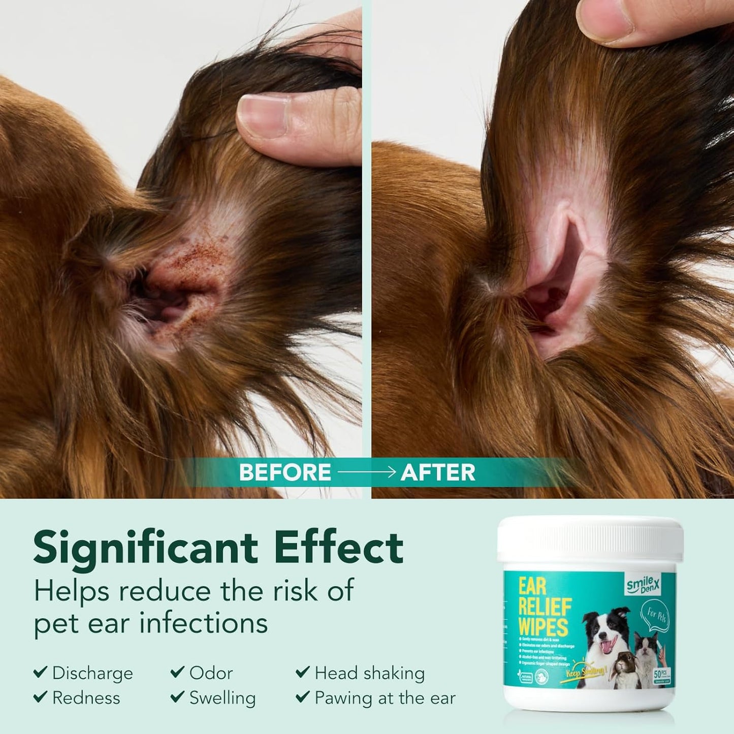 Dog Ear Cleaner Wipes, Dog Ear Infection Treatment, Dog Ear Cleaner, Fast Relief from Ear Itching and Inflammation, Cat Ear Wipes, Gently Remove Ear Wax Debris and Smelly (50 Pcs, Unscented)