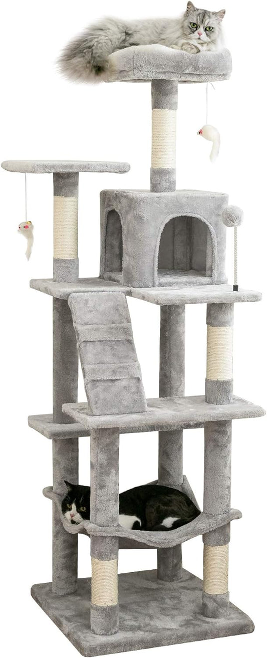 MWPO 63.8 inches Multi-Level Cat Tree for Large Cats with Sisal-Covered Scratching Posts, Padded Platform, Hammock and Condo,Stable Cat Tower Cat Condo Pet Play House-Light Gray