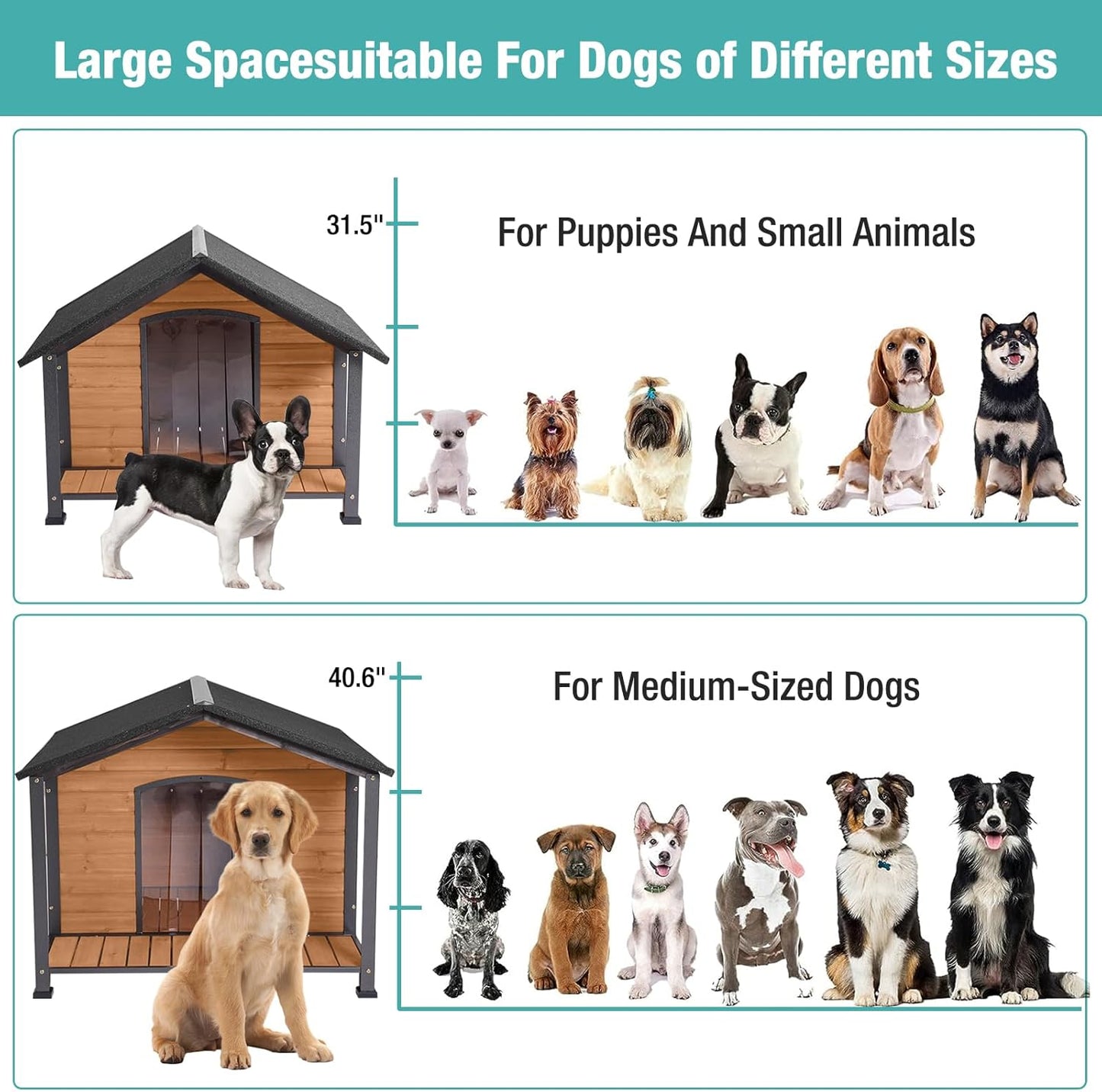 Outdoor Dog House,Weatherproof Wooden Dog Shelter for Small to Medium Sized Dogs,Iron Frame Indoor Outdoor Doghouse,Puppy Kennel,Pets Warm House in Winter with Large Porch