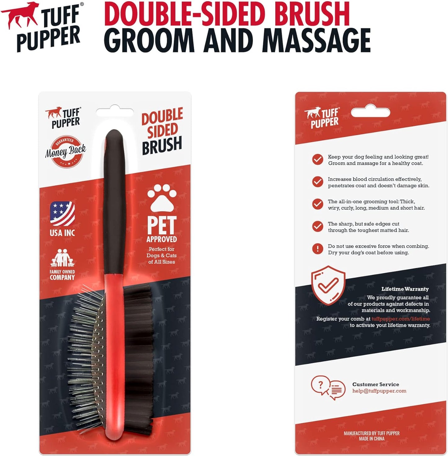 Tuff Pupper Double Sided Dog Brush, Detangling Tool for Dogs and Cats, Pin & Bristle Pet Brush, for and Hair Types, With Comfort-Grip Anti-Slip Handle, Brown, Black, White