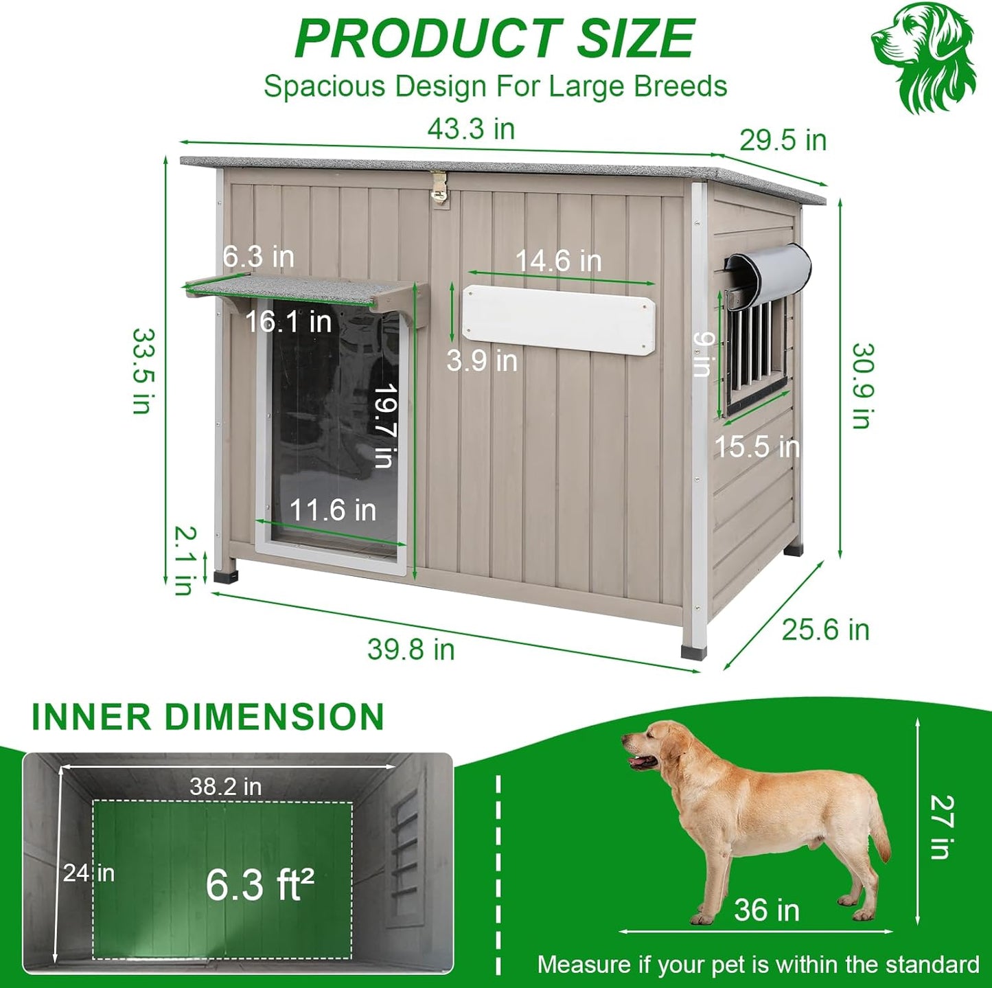 Dog House Outdoor Weatherproof & Wooden Dog Kennel with Chew-Proof Iron Frame，Removable Floor, Adjustable Vent Window, Easy Assembly for Large and Medium Dogs 43.3" D x 29.5" W x 33.5" H