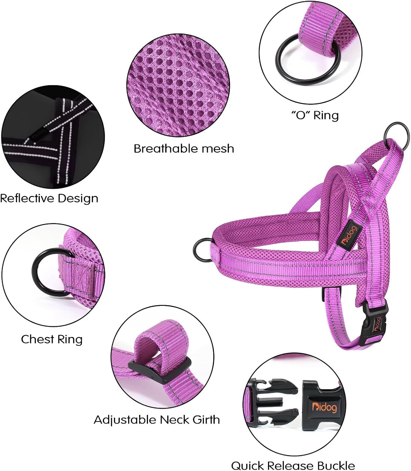 Didog No Pull Dog Harness with Soft Mesh Padded,Reflective & Quick Fit Light Weight Dog Strap Vest Harness,Easy for Walking Training (S:Chest 18-22", Purple)