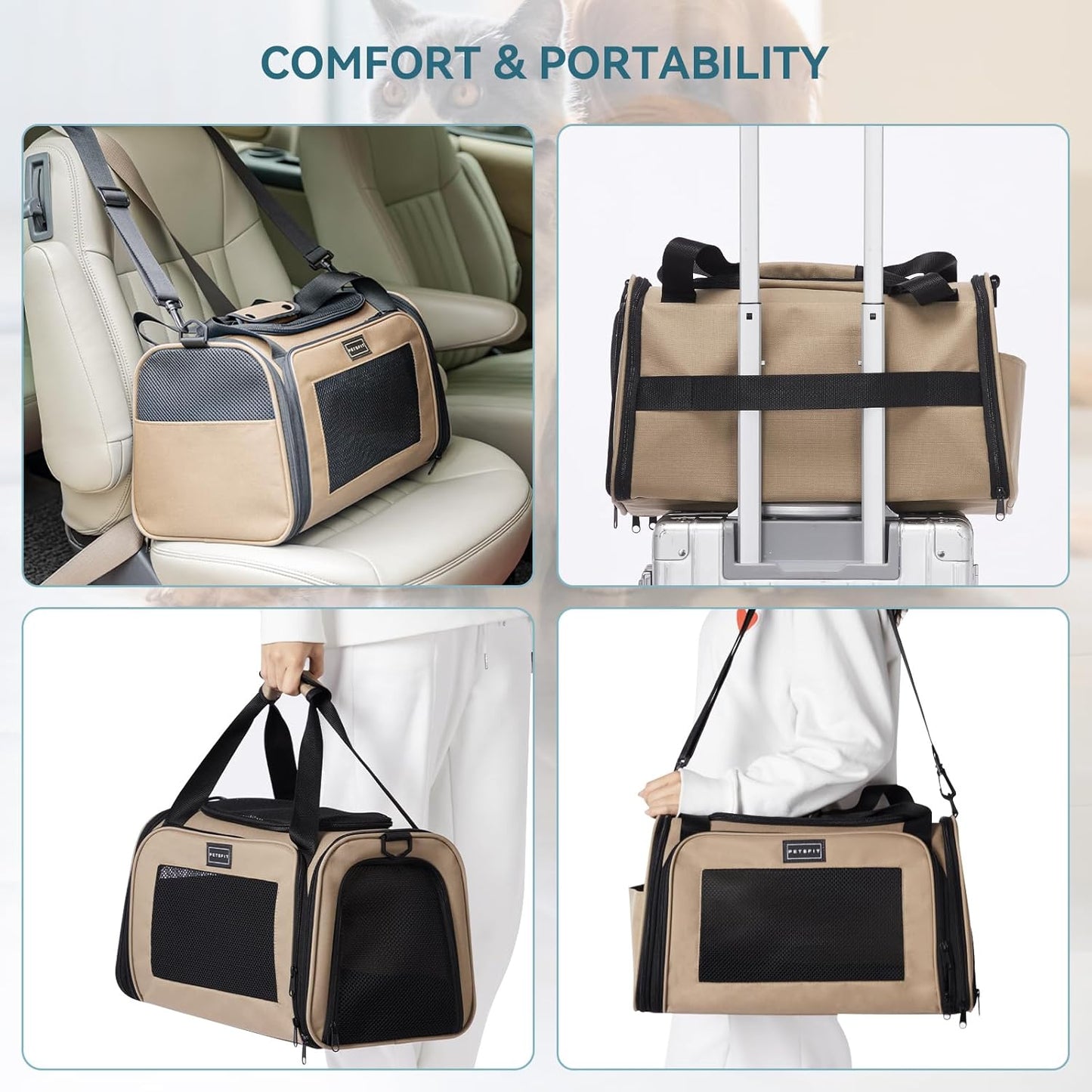PETSFIT Pet Carrier for Cat, Small Dogs, Dog Carrier Airline Approved, TSA Approved Soft Cat Carrier for Travel, Small Animal Carrier for Pets Under 12 Lbs, Khaki