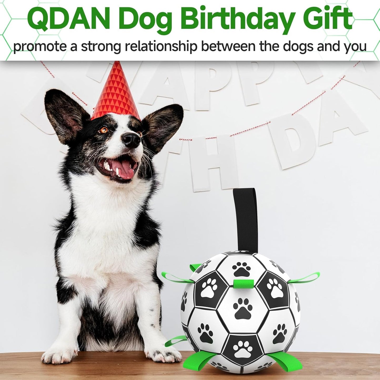 QDAN Premium Dog Toys Balls, Dog Soccer Ball with Straps, Dog Birthday Gifts, Herding Ball, Durable Balls for Small Medium Pet, Puppy Outdoor Toy, Pet Training Soccer Ball, World Cup Soccer (6 Inch)
