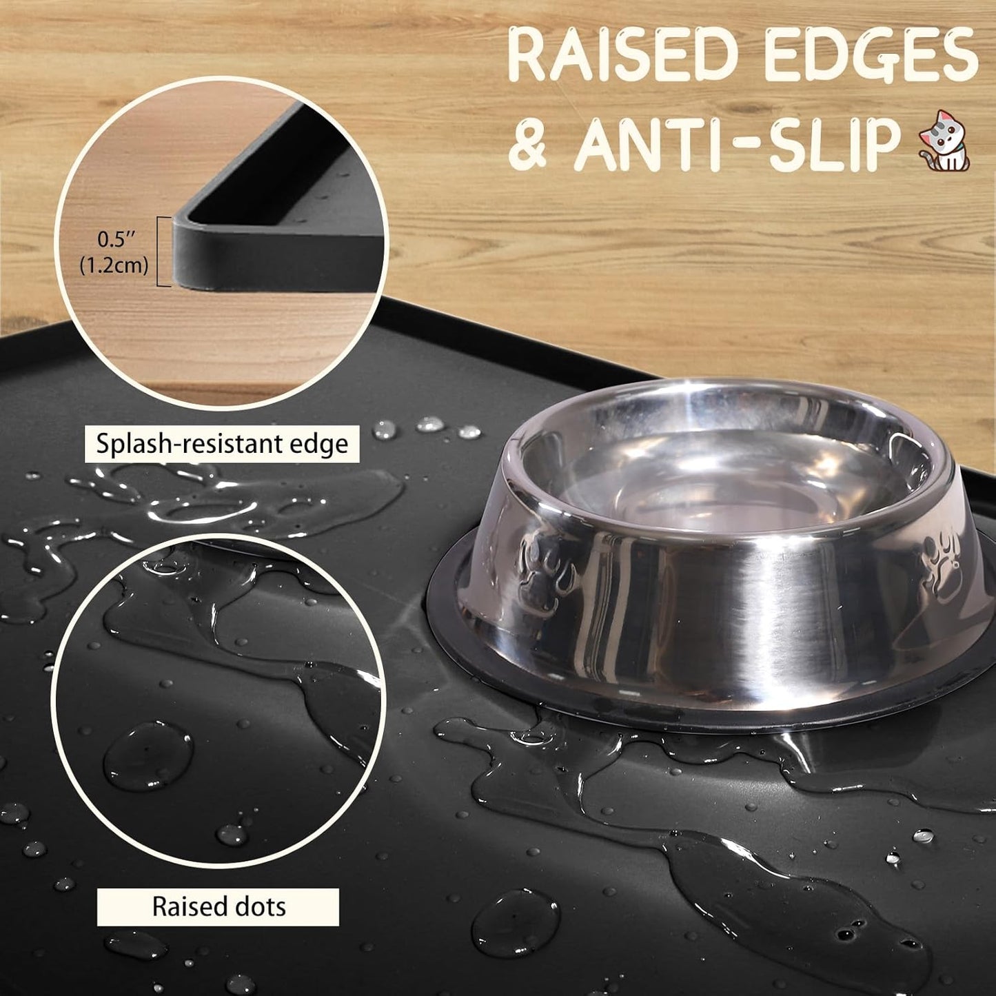 MateeyLife Silicone Cat & Dog Food Mat for Floors Waterproof, Anti-Slip Dog Bowl Mats for Food and Water, Pet Feeding Mats with Lip to Prevent Spills, Pet Placemat for Messy Drinkers to Protect Floors