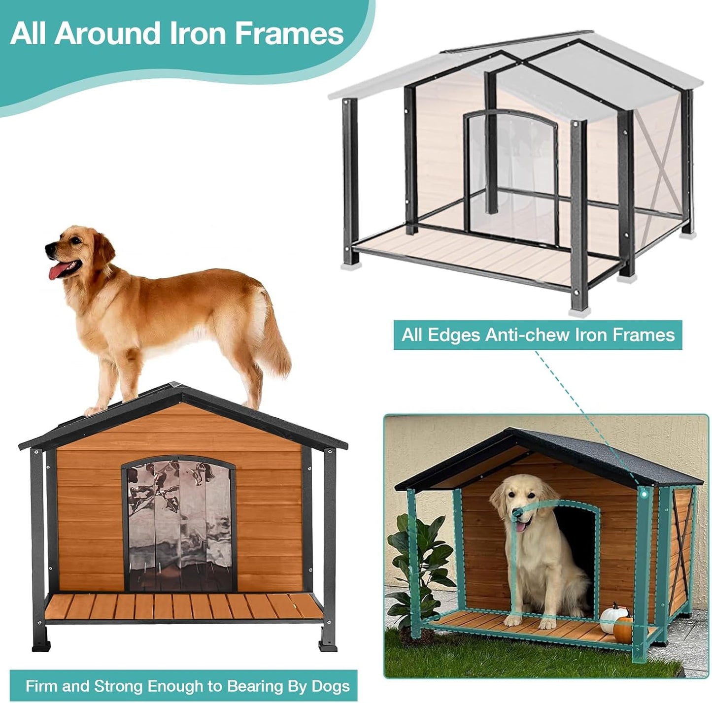 Outdoor Dog House,Weatherproof Wooden Dog Shelter for Medium to Large Sized Dogs,Iron Frame Indoor Outdoor Doghouse,Puppy Kennel,Pets Warm House in Winter with Large Porch