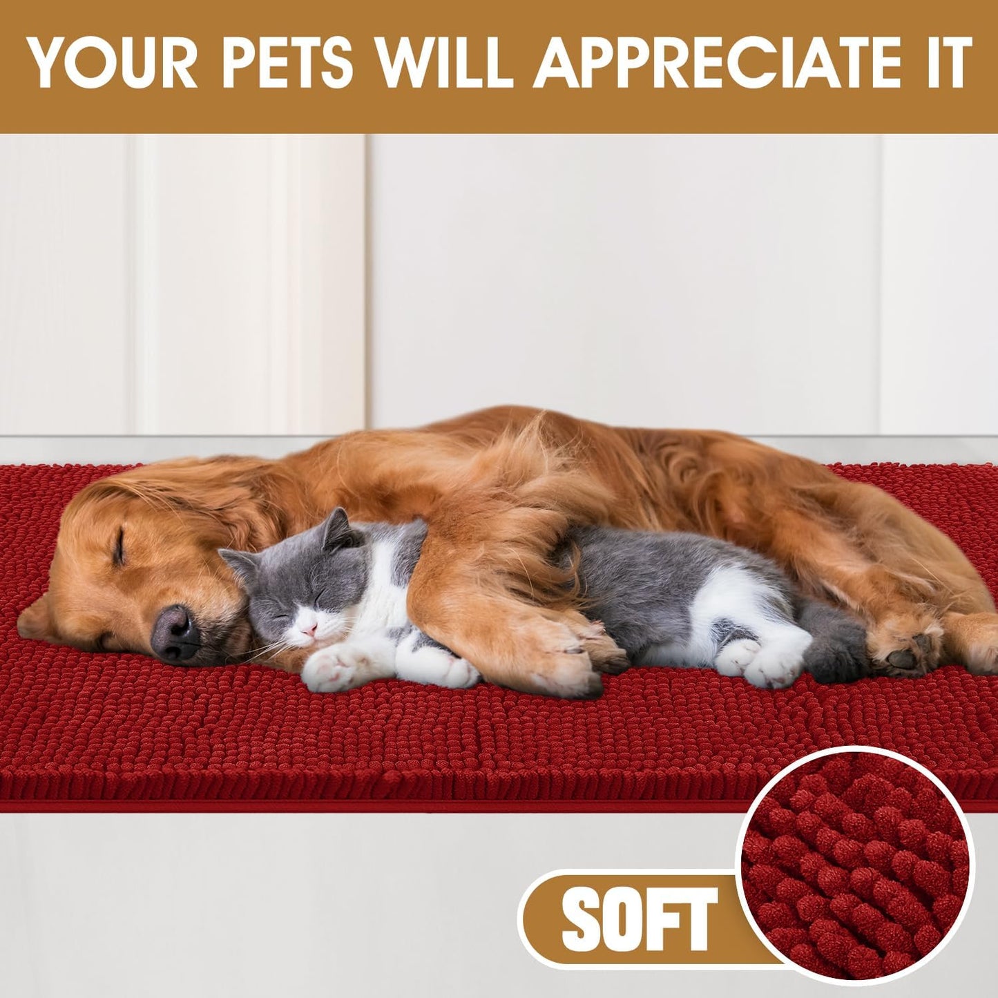 Dog Door Mats for Muddy Paws, Chenille Absorbent Door Mats, Non Slip Heavy Mud Mat for Dogs, Soft Indoor Door Mat for Entryway, Mud Paws, Inside Floor,30" X 20", Red