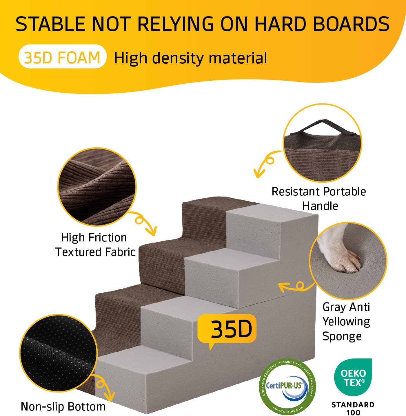 Dog Stairs for High Bed, Dog Steps for Bed Couch Sofa, 35D Foam Pet Steps for Small Dogs and Cats, Extra Wide Pet Stairs with Non-Slip Bottom Brown, 5 Steps