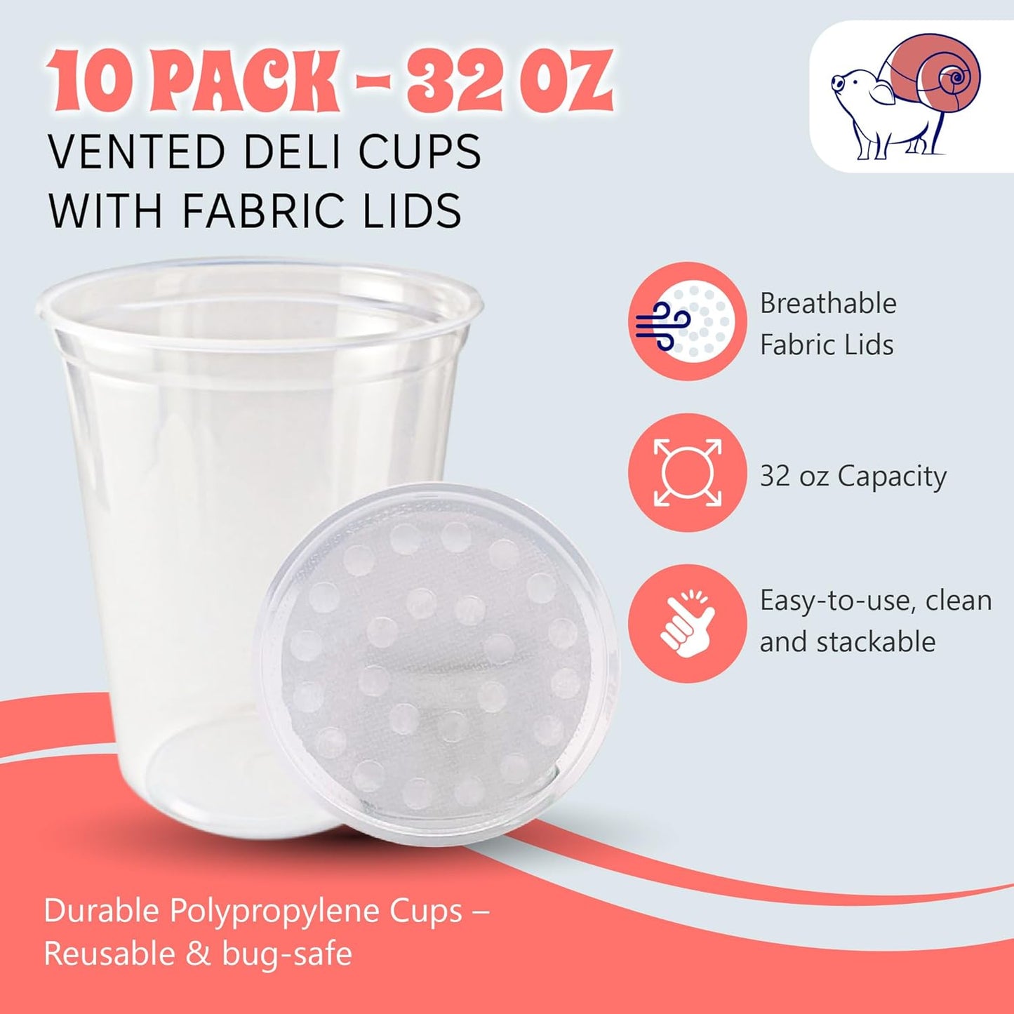 Snout and Shell Deli Cups with Fabric Vented Lids, 10 Pack - Secure Fruit Fly & Insect Cultures, Prevent Escapes & Contaminants, Easy Fruit Fly Media Preparation, Hot Liquid Safe