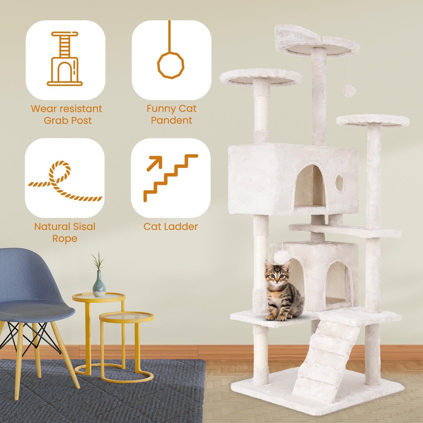 54.7 inches Cat Tower for Indoor Cats, Multi-Level Cat Condos with Scratching Posts, Hanging Toys, Beige
