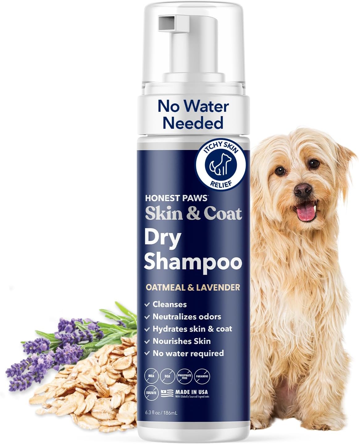 Honest Paws Dog Dry Shampoo - Waterless No Rinse Foaming Formula Reducing Itch Cleanse Hydrate Nourish Dry Skin and Smelly Coat Help Decrease Odor Shedding and Allergies - Oatmeal & Lavender - 6.3 oz