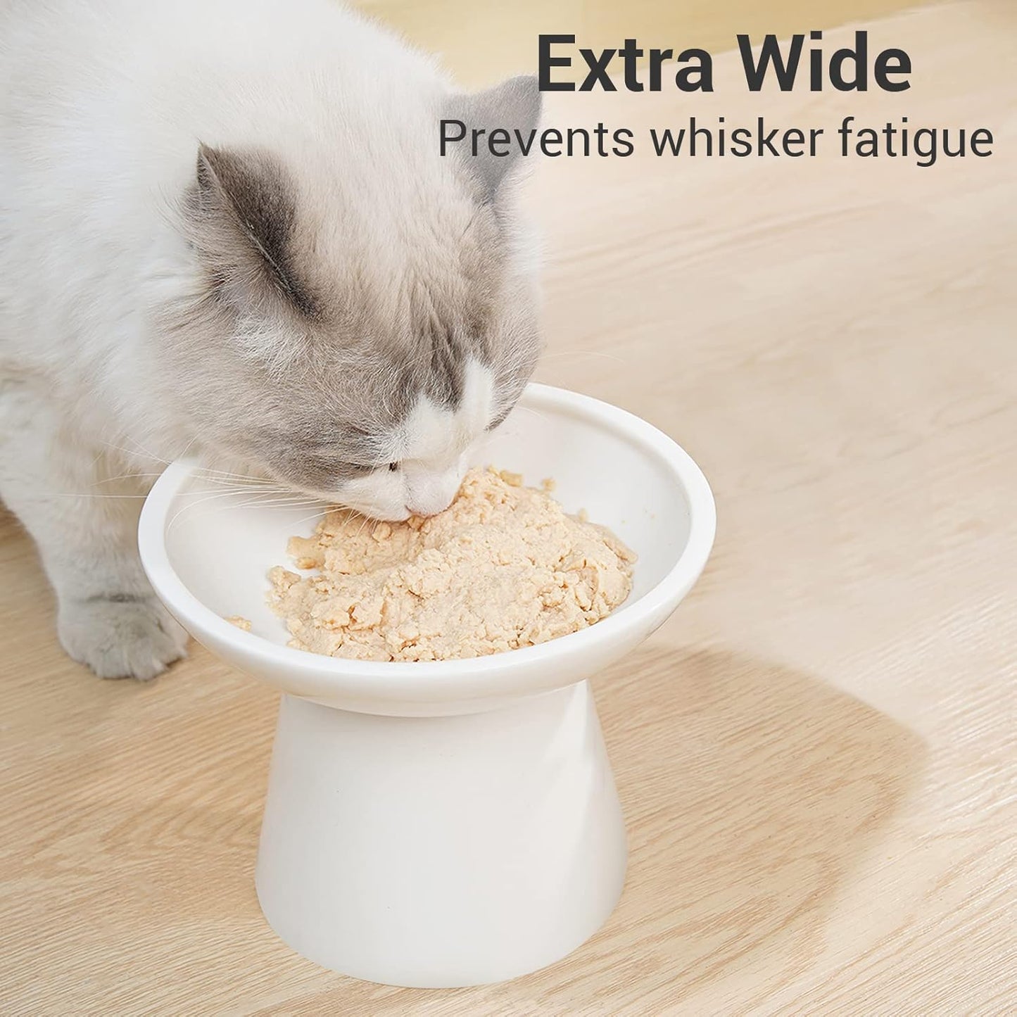 Extra Wide Elevated Ceramic Cat Bowl - 6.2" Shallow Dish for Whisker Fatigue Relief, 5" Height for Easy Feeding, Lead & Cadmium Free, Durable Raised Cat Food Bowls, White