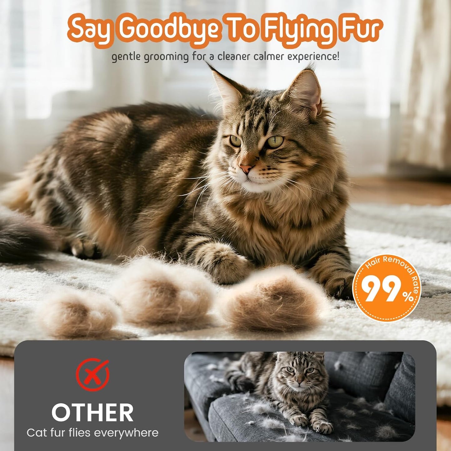 Self Cleaning Slicker Brush, 2-in-1 Cat Brush for Shedding, Skin Friendly Grooming Tool for Long & Medium-Long Hair Pets, Adjustable Bristle Length with Dematting Comb for Cats, Dogs (Orange)