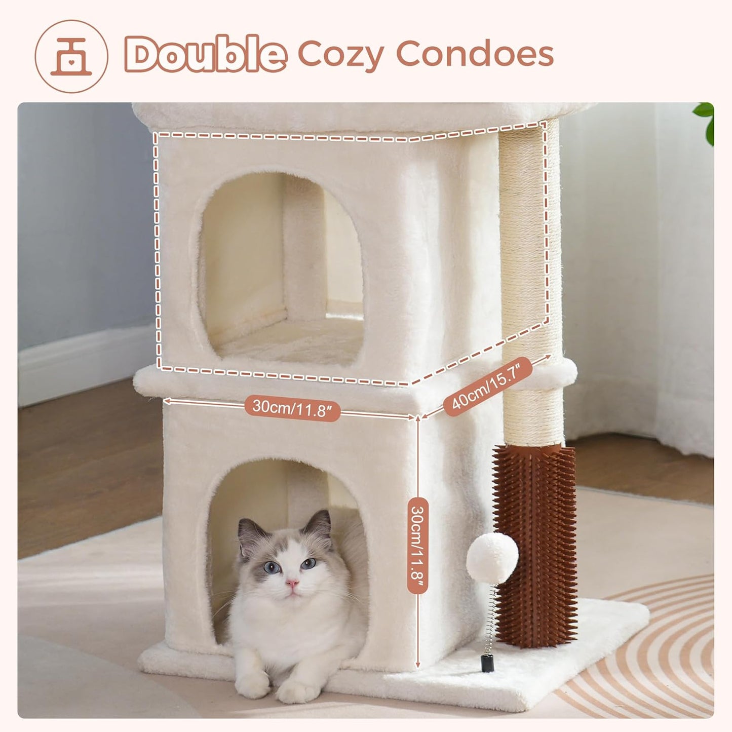 Cat Tree with Large Top Bed 17.7x15.7” Small Cat Tower with Dual Condos,28” Fully Scratching Post and Self Groomer for Indoor Cats-Beige