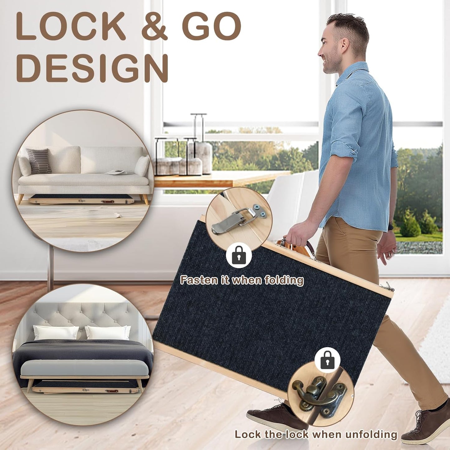 Folding Dog Ramp Safety, Wooden Adjustable Height Pet Ramps, Potable Dog Steps with Non-Slip Traction Mat, Dog Step for Bed, Dogs Stairs for SUV Car, Couch, Safe,Height Bed