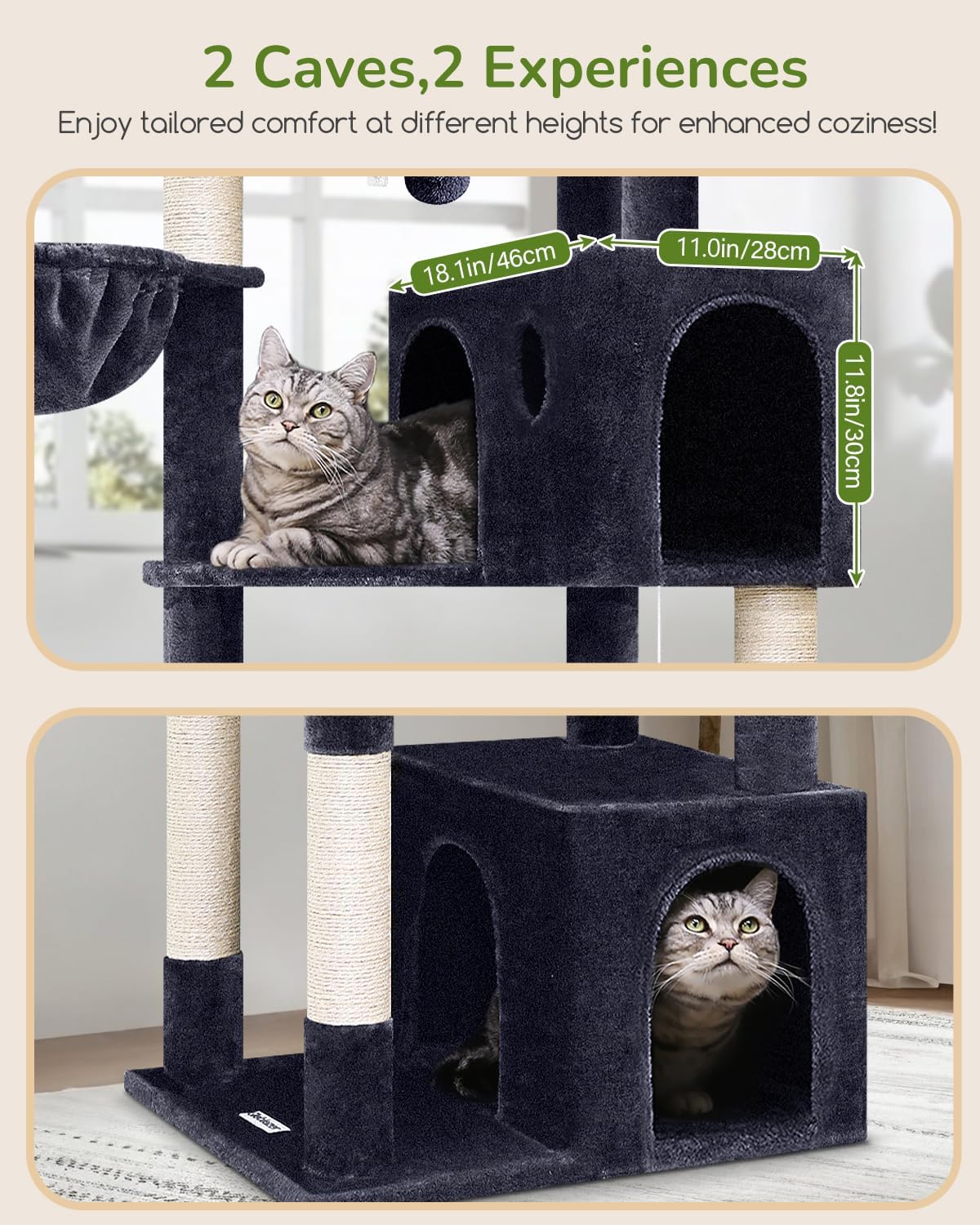 Globlazer Heavy Duty Cat Tree Tower, 73in Tall Cat Tree for Indoor Cats Large Adult, Cat Condo for Large Cats with 5 Scratching Posts, 2 Cat Caves, 2 Padded Perches, 2 Hanging Baskets, F73, Dark Gray