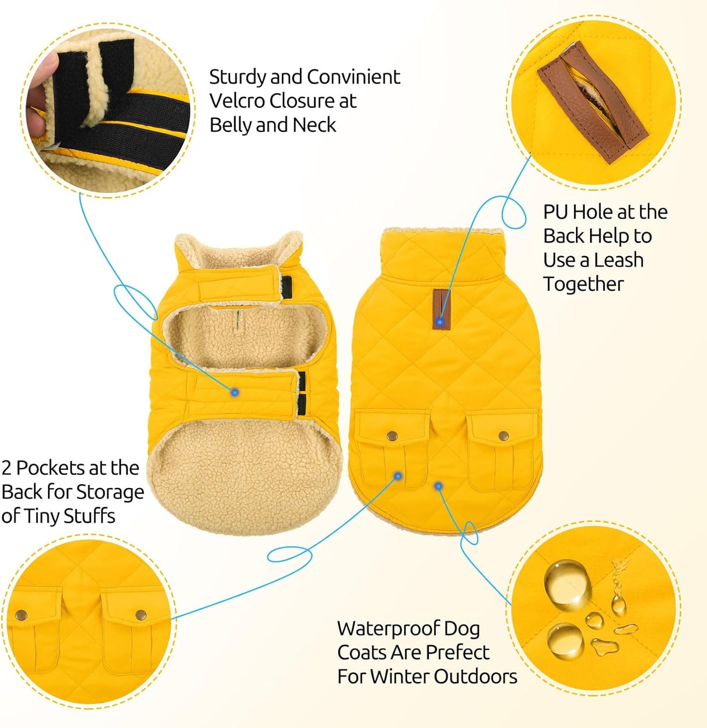 Queenmore Dog Winter Coat Warm Puffer Jacket Waterproof Plush Lining Thermal Cold Weather Vest for Small Medium Large Dogs, Windproof Easy On Pet Jacket Yellow XS