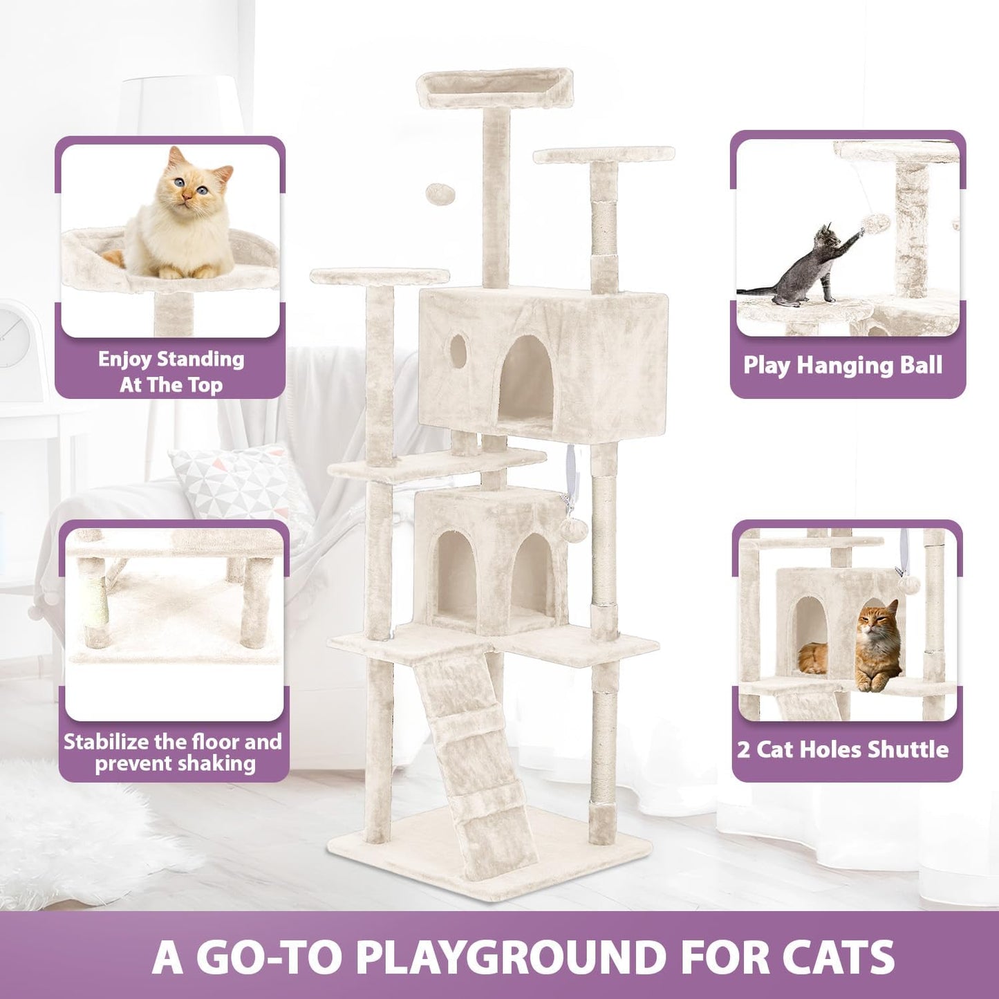 70 Inches Cat Tower for Indoor Cats Multi-Level Cat Condos XL Cat Tree Climbing Tower with Scratching Posts, Hanging Toys, Beige