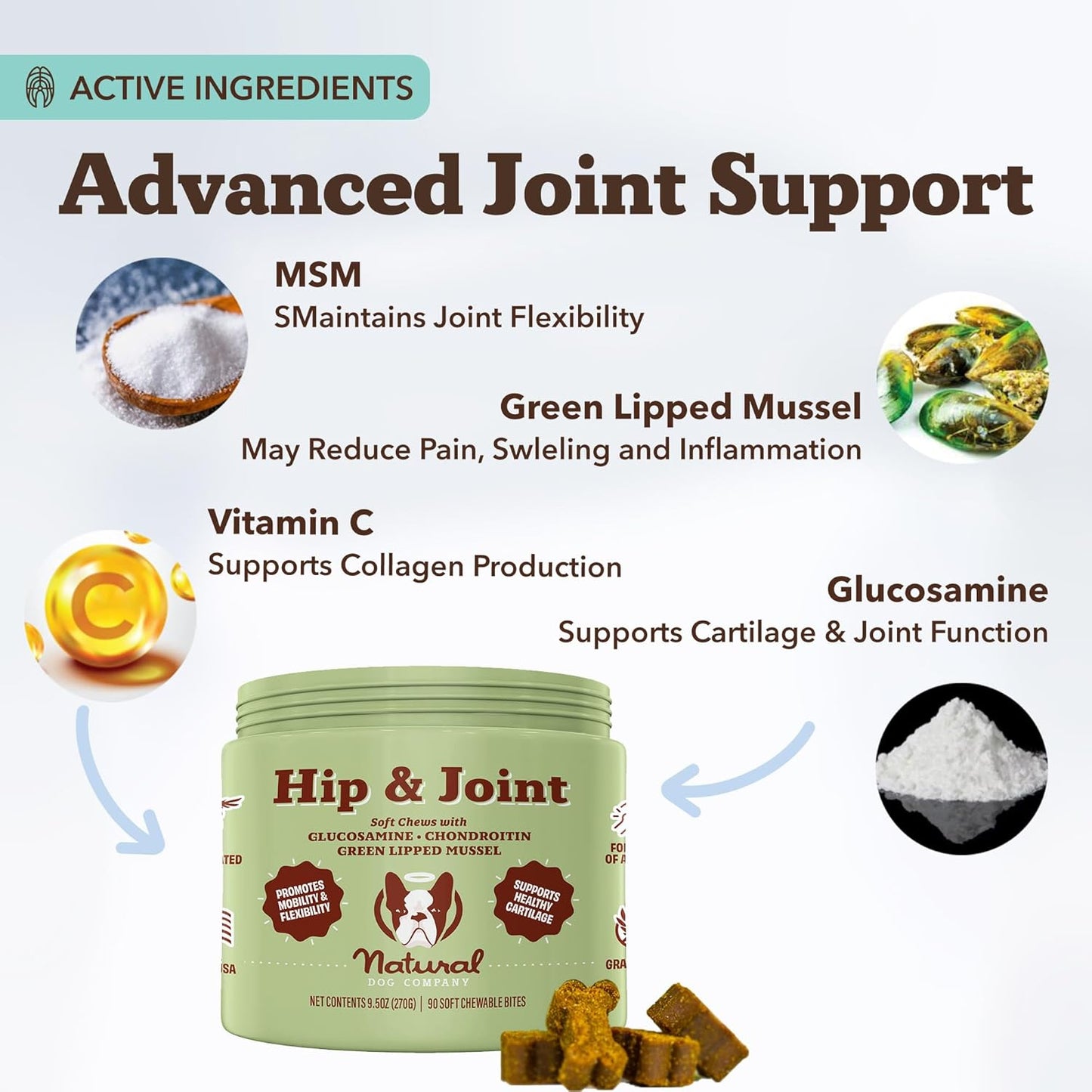 Natural Dog Company Hip & Joint Chews, Chicken Liver & Turmeric Flavor, with Glucosamine Chondroitin for Dogs, Maintains Bone and Joint Health, Supplements for Seniors and Puppies, 90 Count