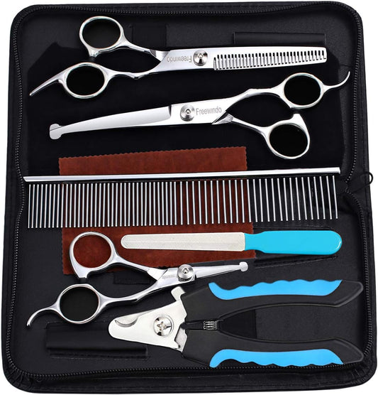 Dog Grooming Scissors Kit, Safety Round Tip, Heavy Duty Stainless Steel Dog Scissors and Nail Clippers, 6 in 1 Dog Grooming Kit
