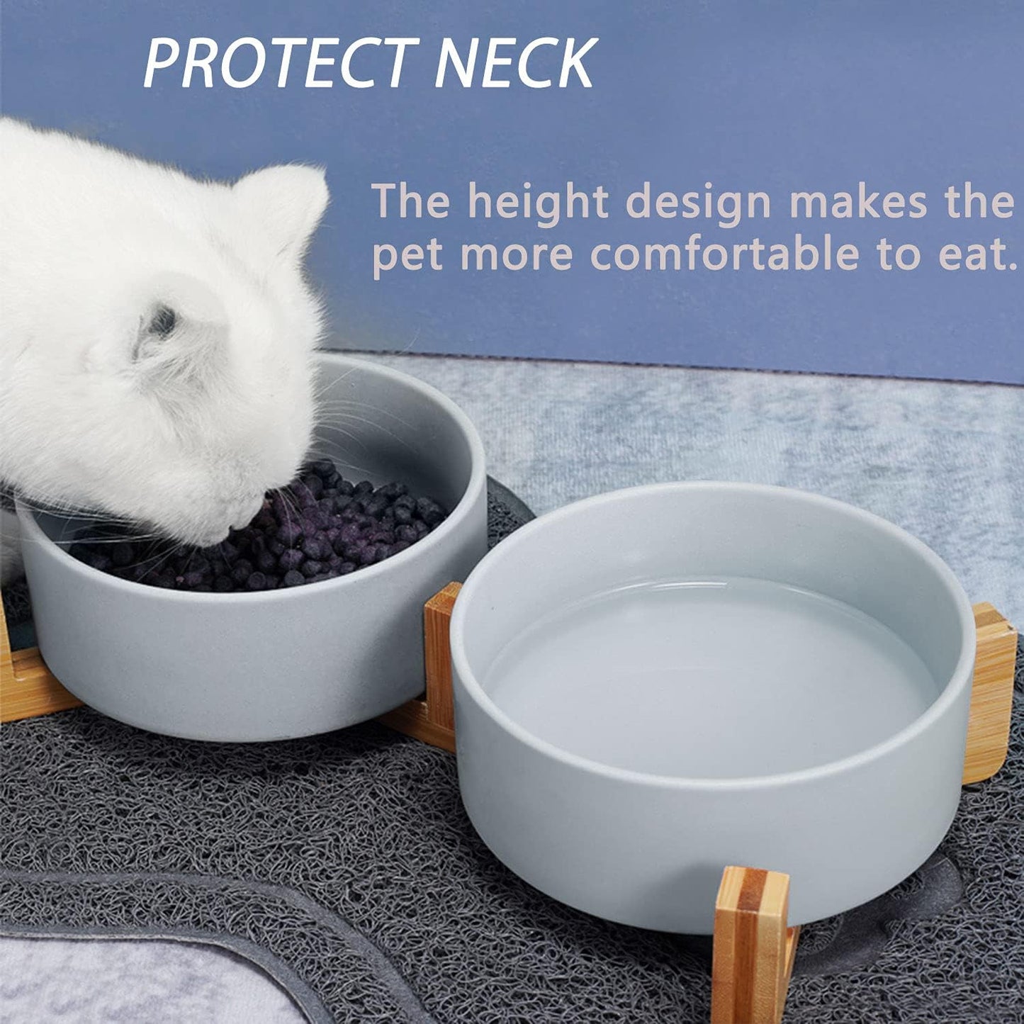 Petygooing Ceramic Dog Bowl Set with Wood Stand, Grey, 13.5OZ/5.1 in, Suitable for Cats & Small Dogs