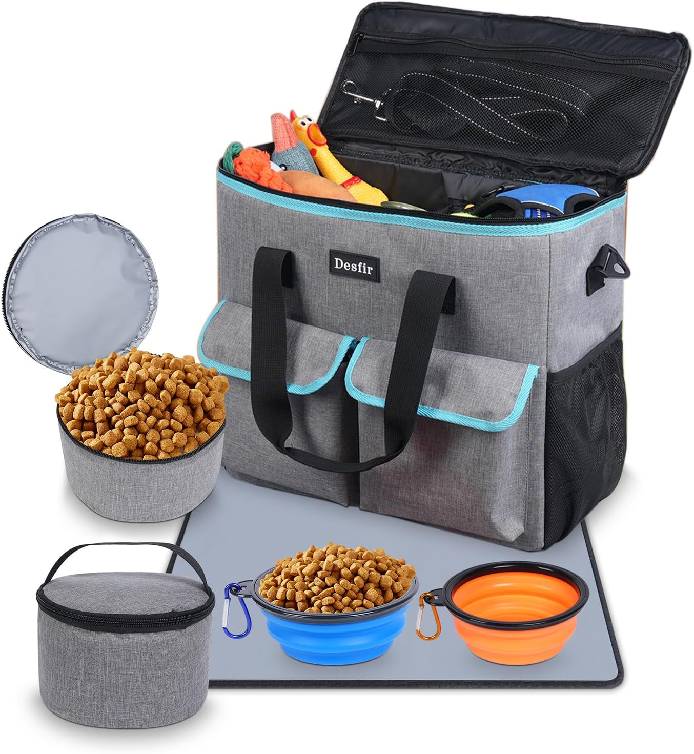 Large Pet Travel Bag Organizer - Dog & Cat Tote with Food Containers, Bowls, Feeding Mat, Perfect for Camping, Hiking (Multi-Pocket Design)