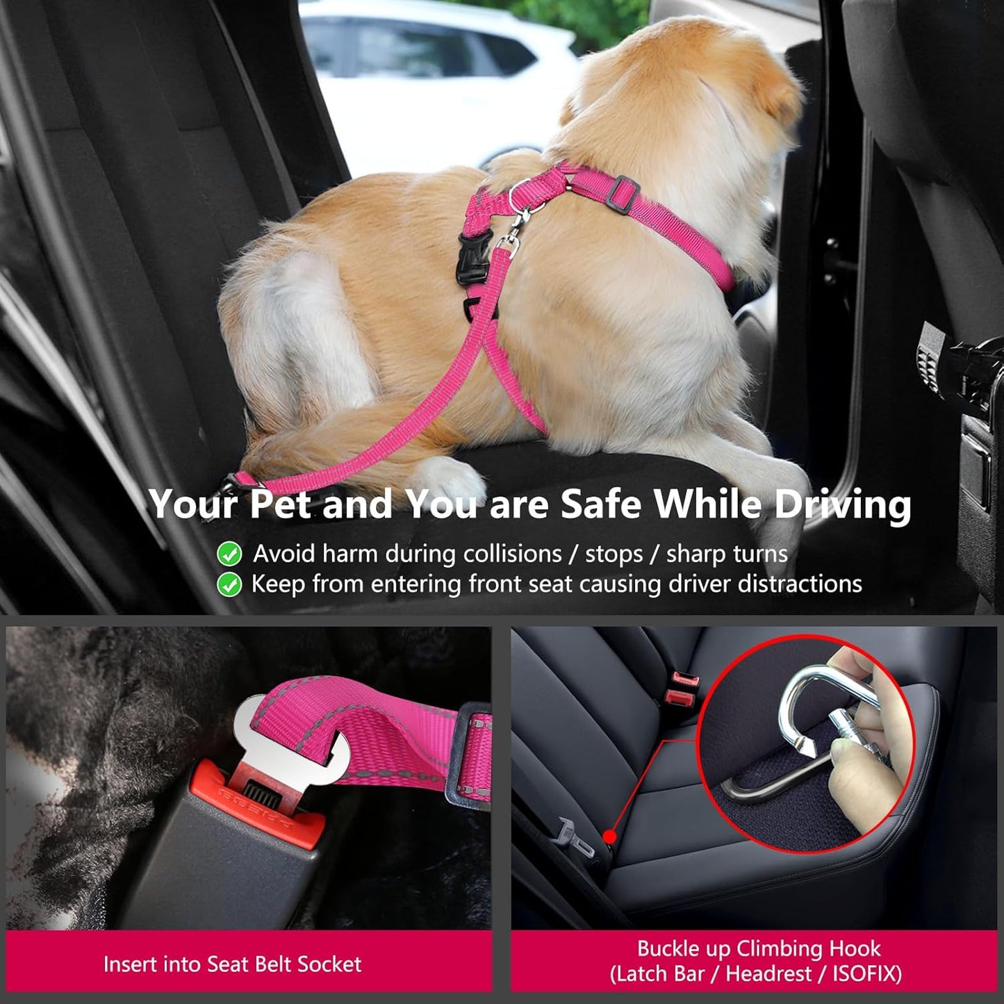 Dog Seat Belt Harness for Car, Dog Car Harness Adjustable Mesh Breathable & Dogs Seatbelt Safety Tether with Elastic Bungee for Small Medium Large Pets(Rose, S)