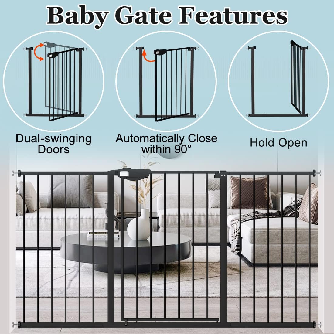 WAOWAO Triple Lock Baby Gate Extra Wide 44.48-48.42" Pressure Mounted Walk Through Swing Auto Close Safety Black Metal Dog Pet Puppy for Stairs,Doorways,Kitchen