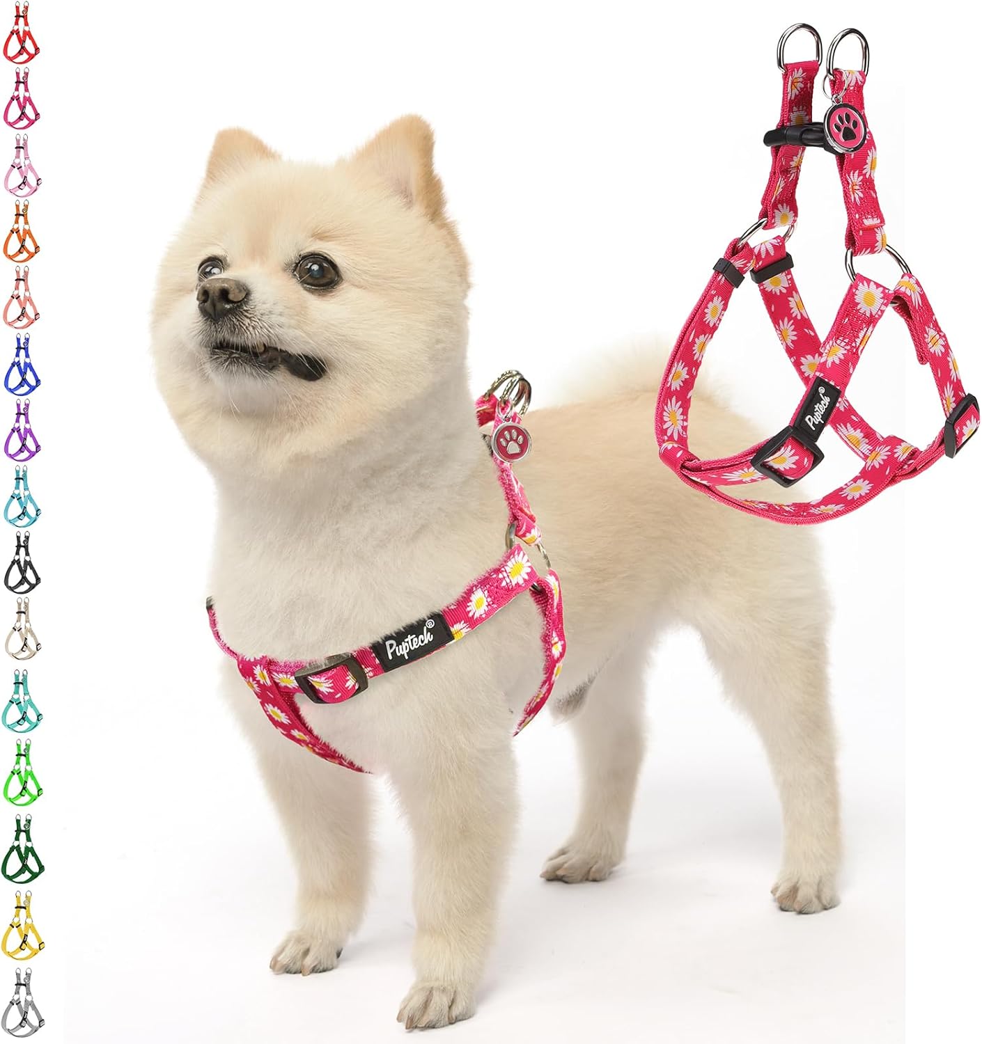 PUPTECK No Pull Dog Harness Soft Adjustable Basic Nylon Step in Puppy Vest Outdoor Walking with ID Tag, Fuchsia Daisy, M