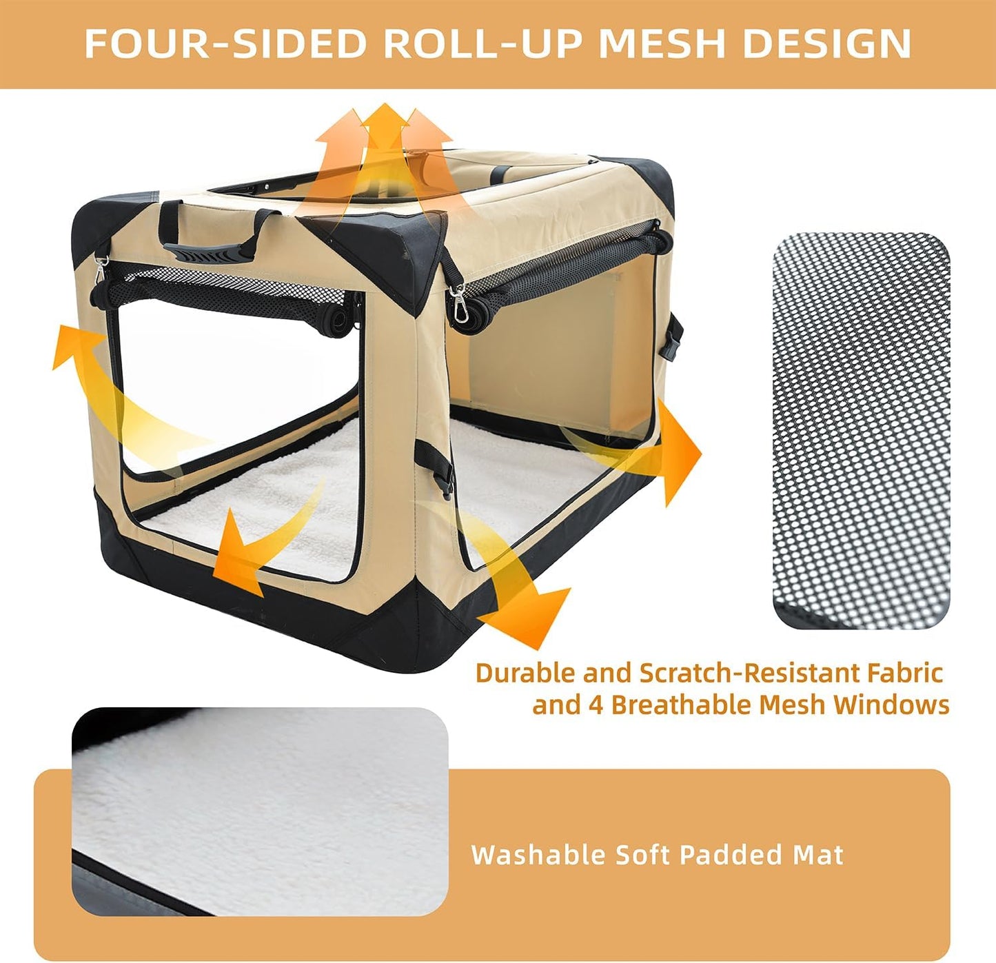 Pettycare 30 Inch Collapsible Dog Crate for Medium Dogs, 4-Door Foldable Soft Dog Kennel with Chew Proof Mesh Windows, Indoor & Outdoor Travel Dog Crate, Beige