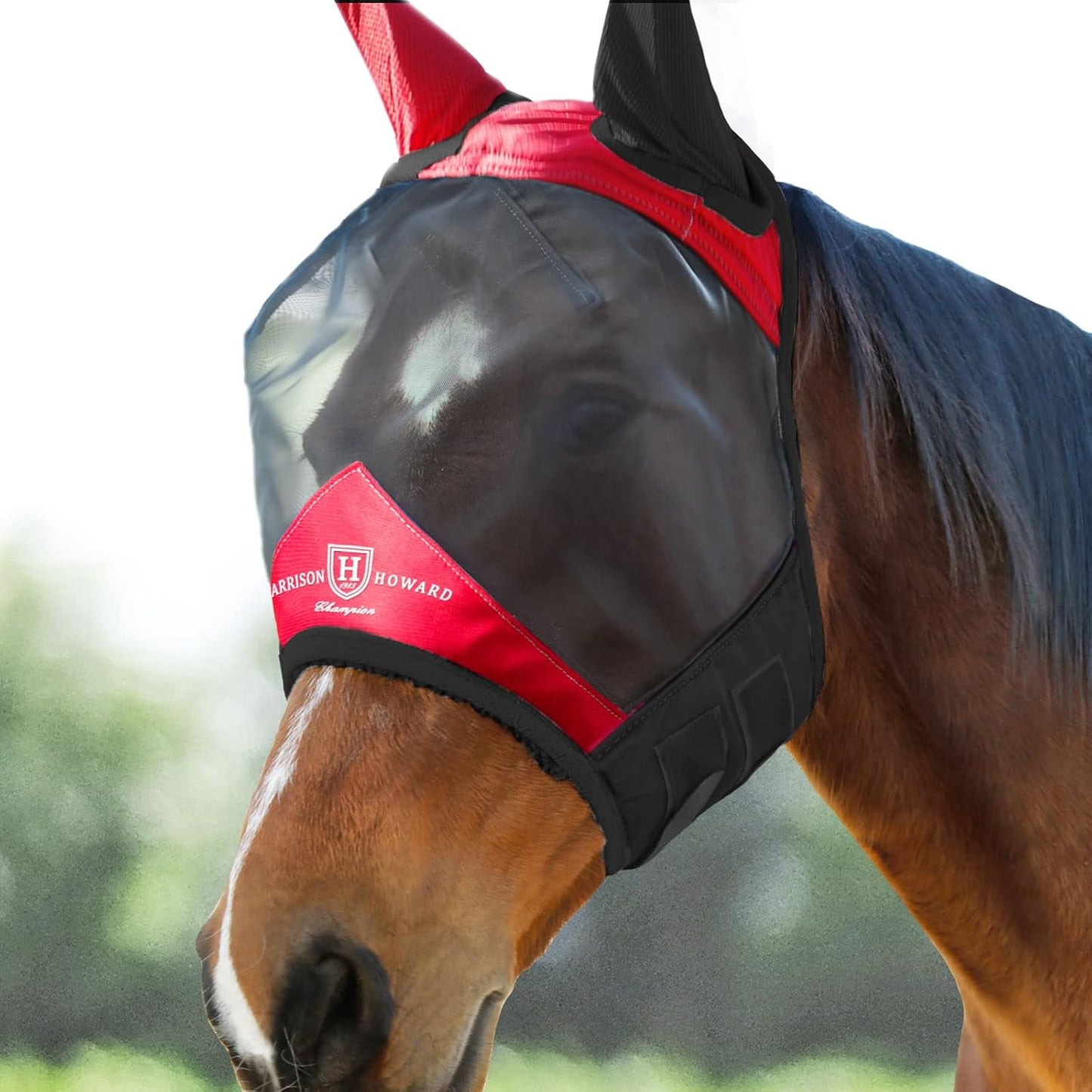 Harrison Howard Pro Luminous Horse Fly Mask Standard with Ears UV Protection for Horse Scarlet Red/Black XL Extra Full Size