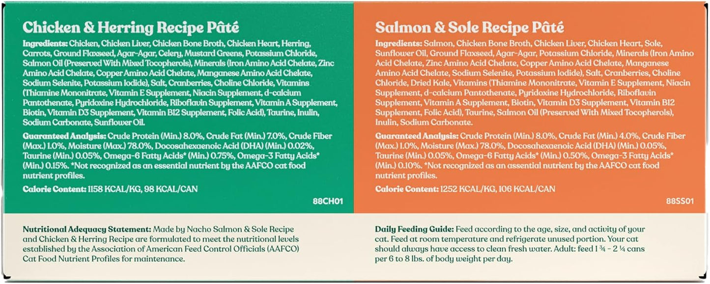 Made by Nacho Pate Wet Cat Food Variety Pack, Chicken & Herring and Salmon & Sole, 3 Ounce Cans, Grain-Free Canned Pet Food, Bone Broth Infused for Hydration, 12 Pack