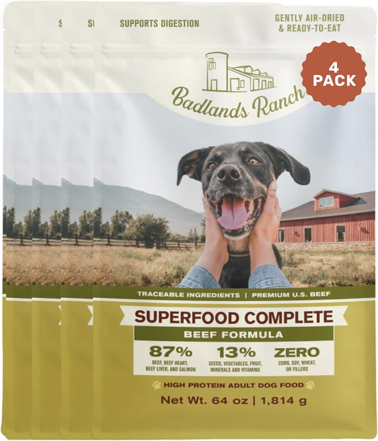 BADLANDS RANCH by Katherine Heigl- Superfood Complete, Air-Dried Adult Dog Food - High Protein, Zero Fillers, Superfood Nutrition (64 Ounce (Pack of 4), Beef)