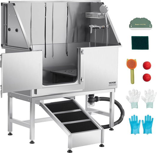 VEVOR Stainless Steel Dog Washing Station, 50 inch Pet Grooming Tub w/Ramp, PE Water Filter Board, Faucet & Showerhead & Soap Holder Dog Bathtub for Large & Medium & Small Pets (Left Door)