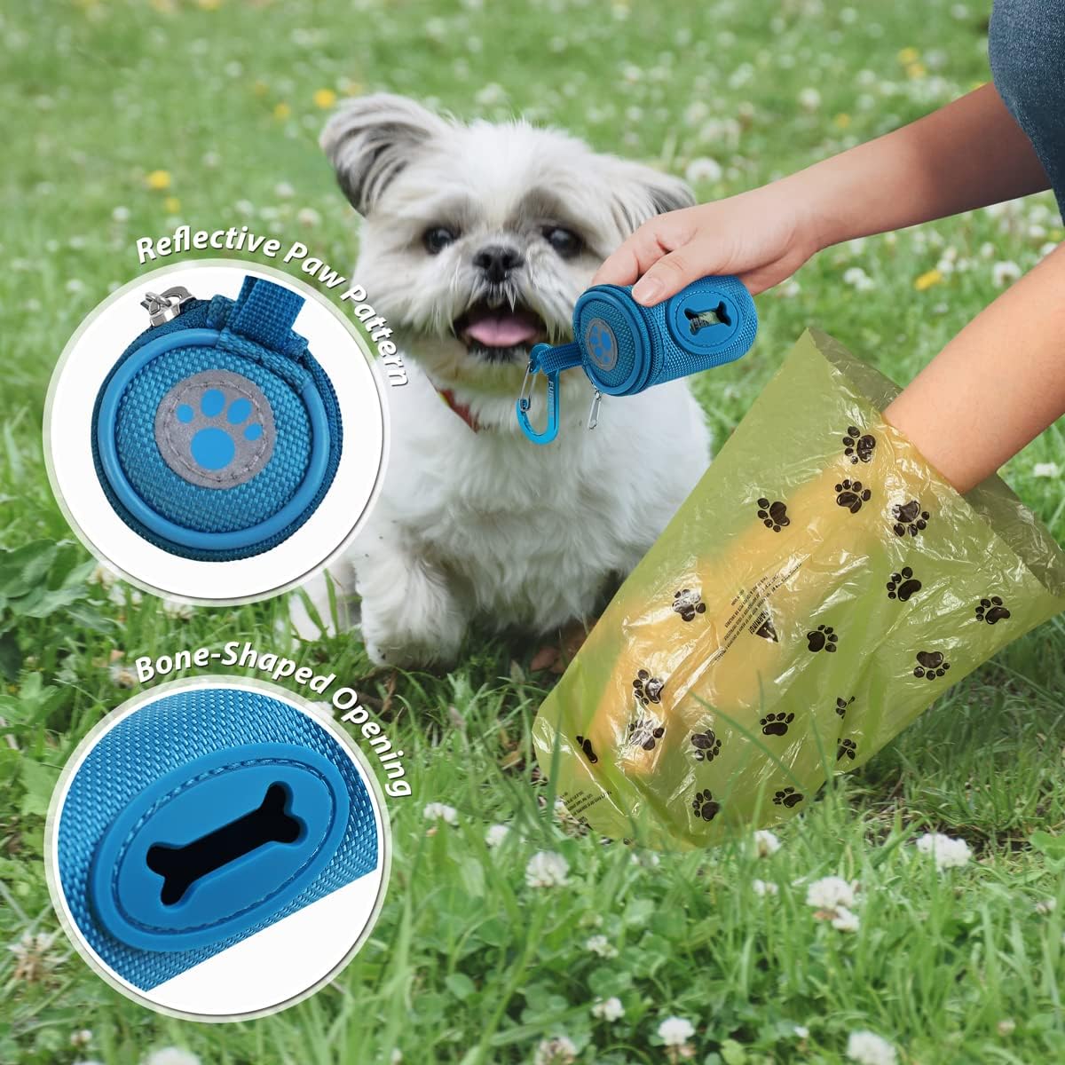 Dog Poop Bag Holder for Leash Doggie Waste Bag Dispenser Soft Fabric Puppy Potty Carrier Small Doggy Zipper Pouch with Carabiner Clip 1680D Nylon Oxford with 1 Roll of Pet Trash Bags, Sky Blue