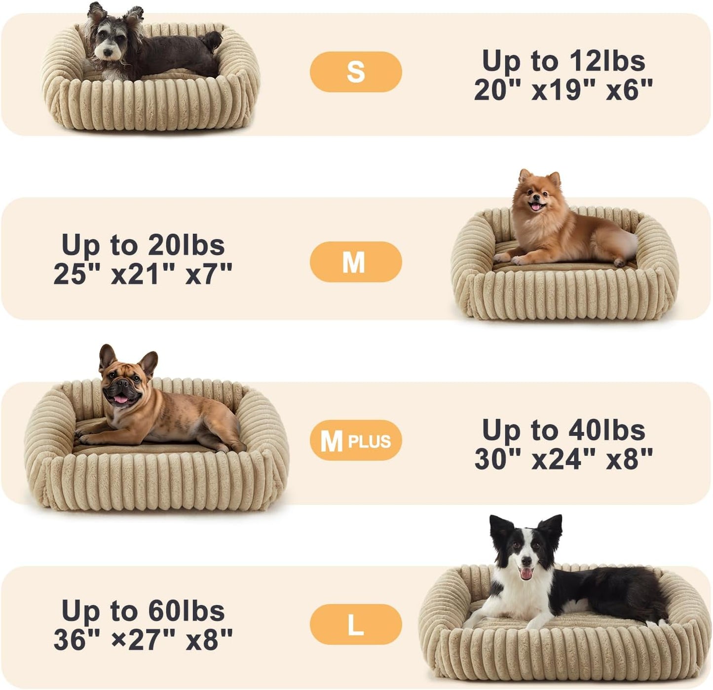 Dog Beds for Small Dogs, Washable Orthopedic Dog Bed with Removable Cover, Rectangle Soft Calming Sleeping Puppy Bed Durable Pet Cuddler with Anti-Slip Bottom, 20"x19"x6" Beige