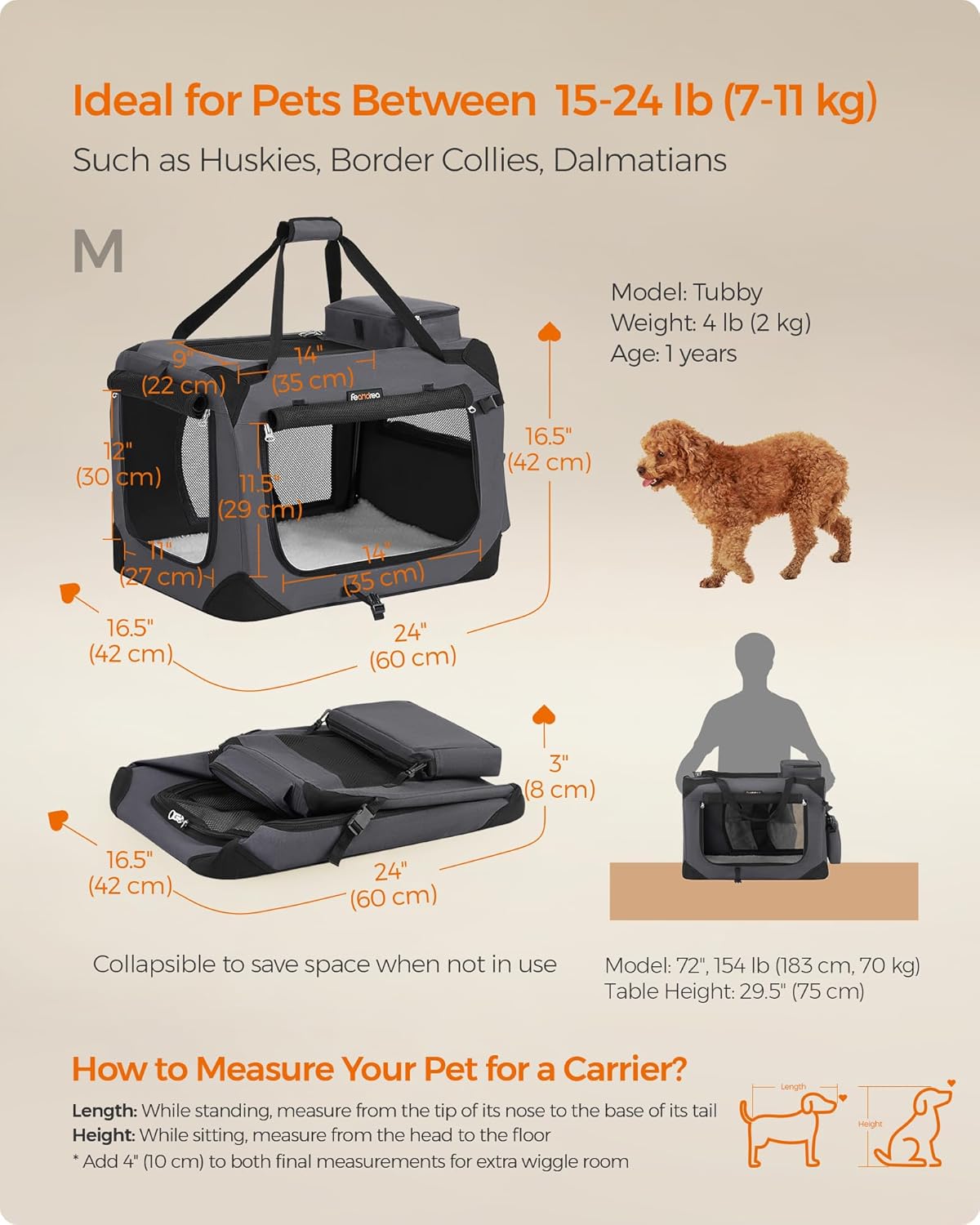 Feandrea 24 Inches Collapsible Soft Dog Crate, Portable Travel Dog Crate for Indoor and Outdoor Use, Dog Carrier Kennel with Safety Zippers, for Living Room, Car, Travelling, Camping, Gray UPDC60GY