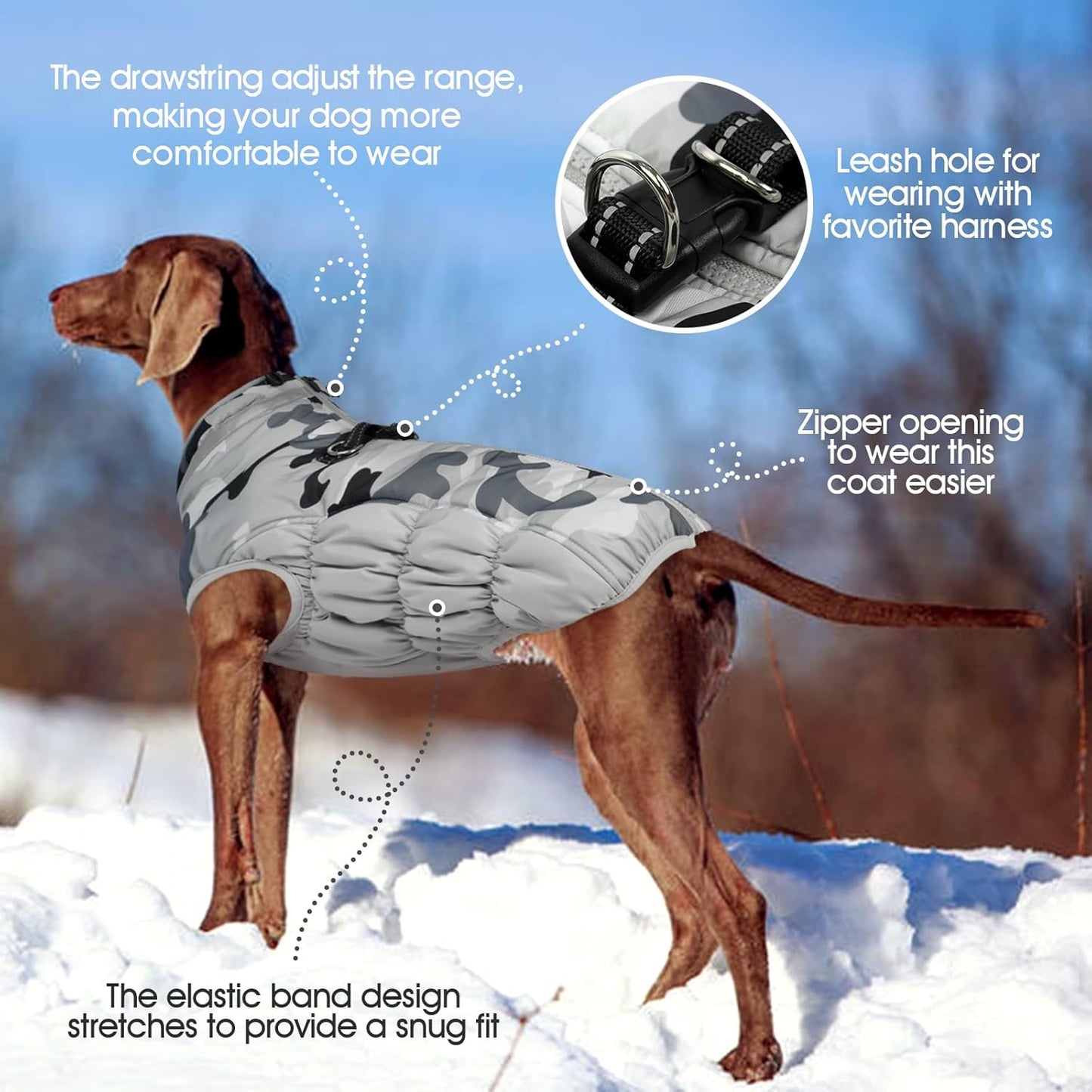 FUAMEY Dog Coat for Large Dogs,Waterproof Dog Winter Jacket with Harness Built in Puppy Cold Weather Coats Reflective Pet Vest with Zipper Warm Fleece Dogs Snowsuit Windproof Grey Camo XL
