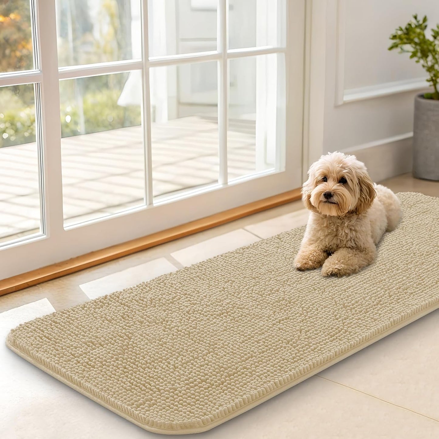 OLANLY Dog Door Mat for Muddy Paws 47x17, Absorbs Moisture and Dirt, Absorbent Non-Slip Washable Doormat, Quick Dry Chenille Mud Mat for Dogs, Entry Indoor Entryway Carpet for Inside Floor, Beige